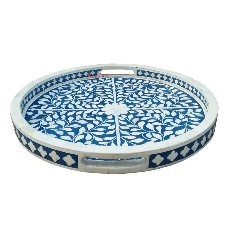 Luxury Floral Bone Inlay Serving Tray – Handmade Round Design