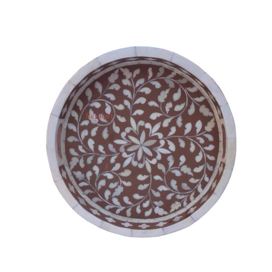 Handmade Bone Inlay Round Serving Tray – Floral Pattern Design