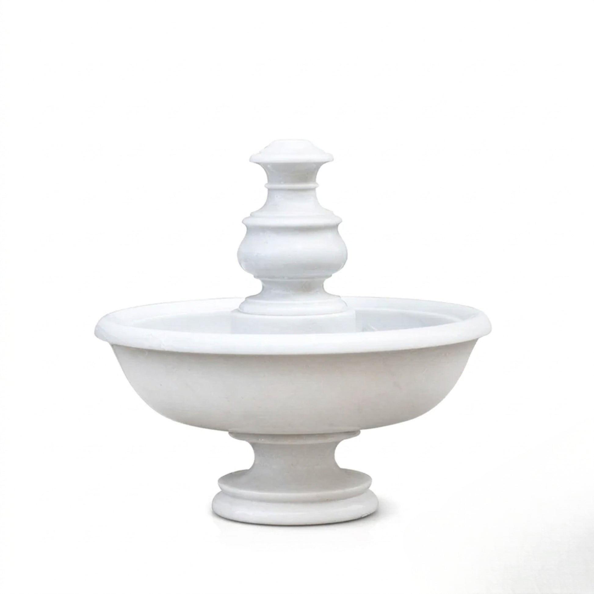 A white stone tiered fountain with a wide basin and pedestal base, photographed against a clean white background.