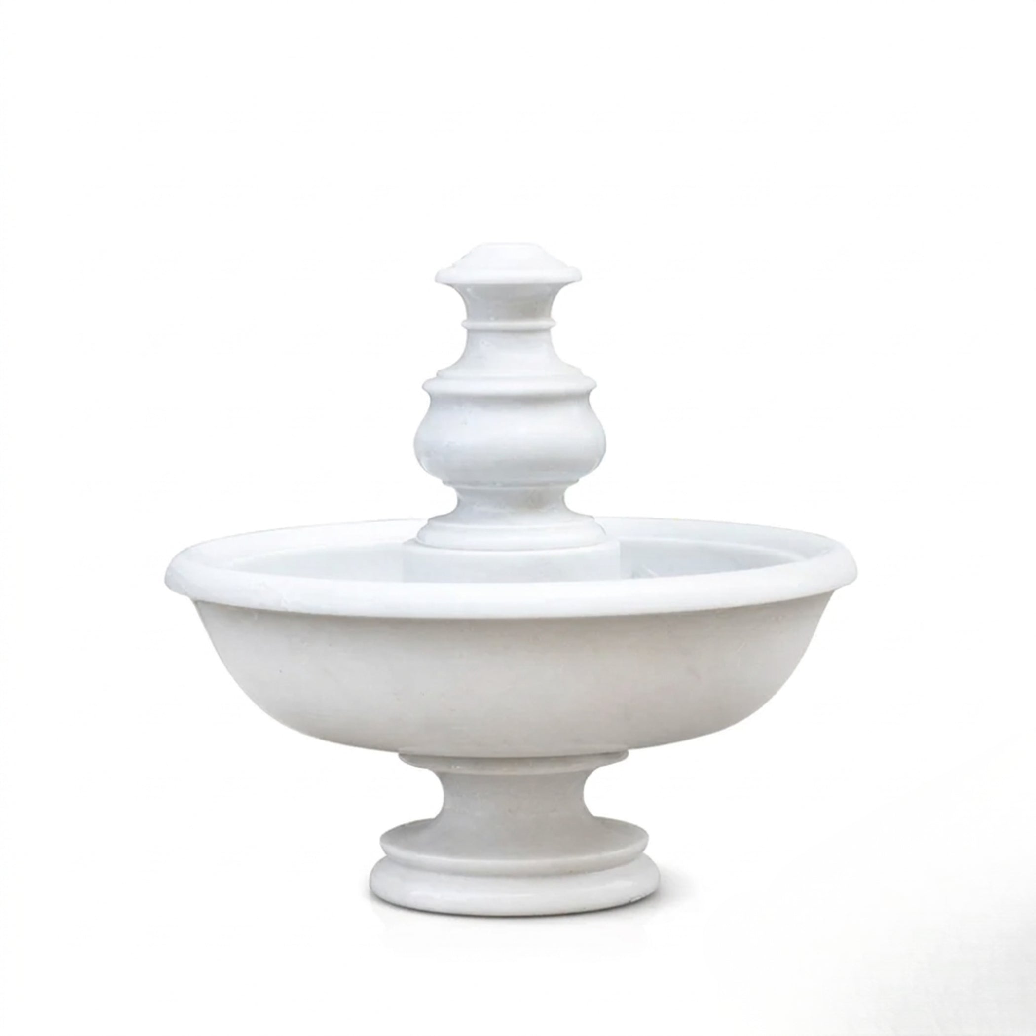 A white stone tiered fountain with a wide basin and pedestal base, photographed against a clean white background.