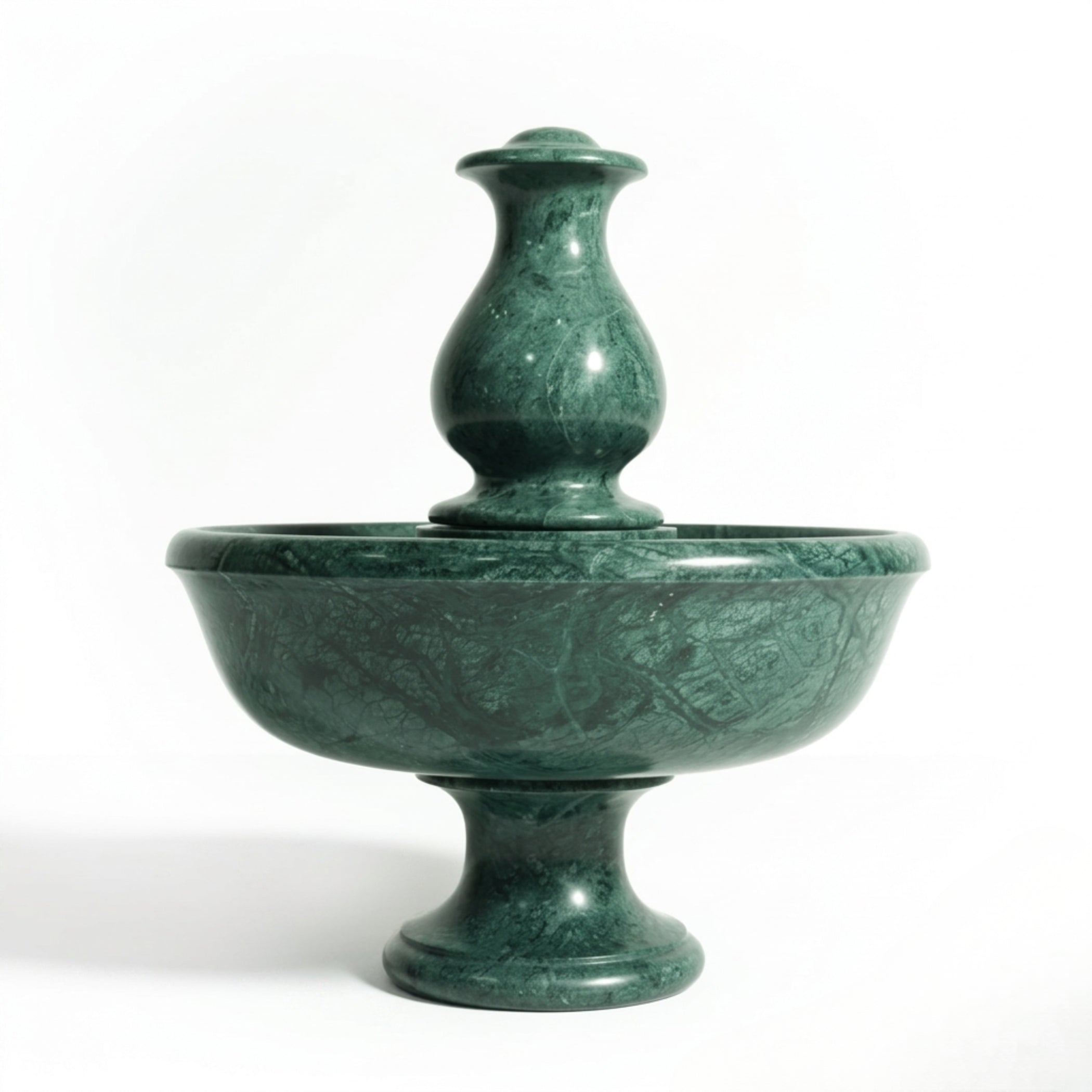 A green marble fountain basin with a central pedestal spout, photographed against a plain white background.