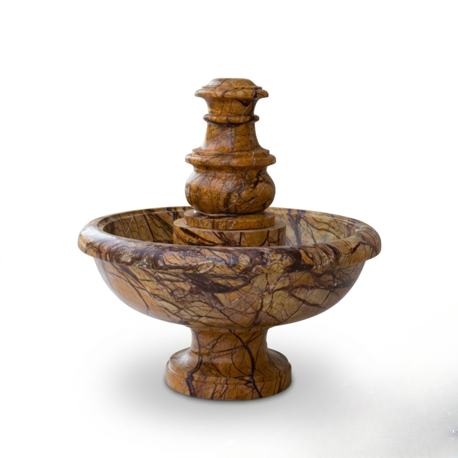 A small decorative fountain made from polished brown and gold marbled stone, featuring a tiered central column rising above a wide shallow basin, shown on a plain white background.