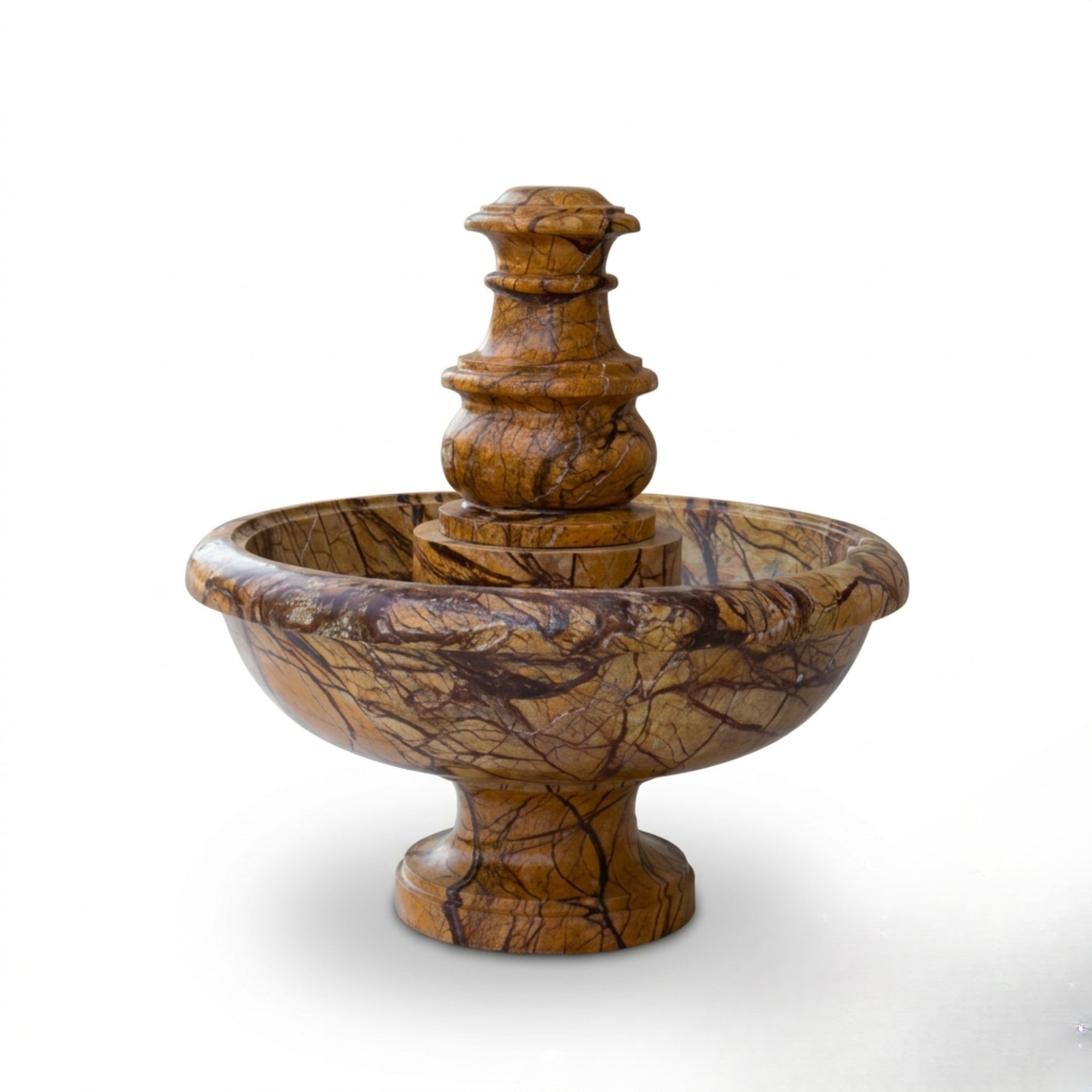 A small decorative fountain made from polished brown and gold marbled stone, featuring a tiered central column rising above a wide shallow basin, shown on a plain white background.