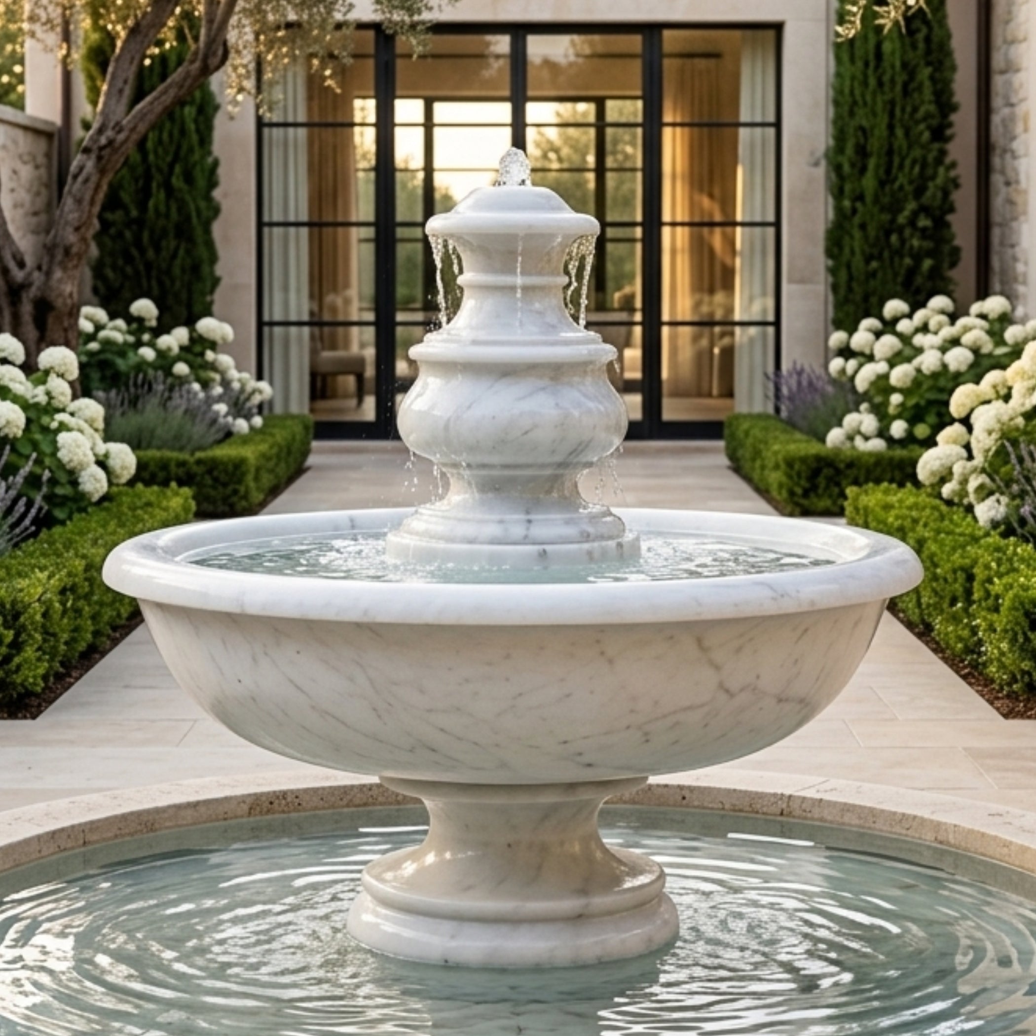 A large white marble tiered fountain with water cascading down, set in a landscaped courtyard with manicured hedges, white flowers, and a modern building facade in the background.
