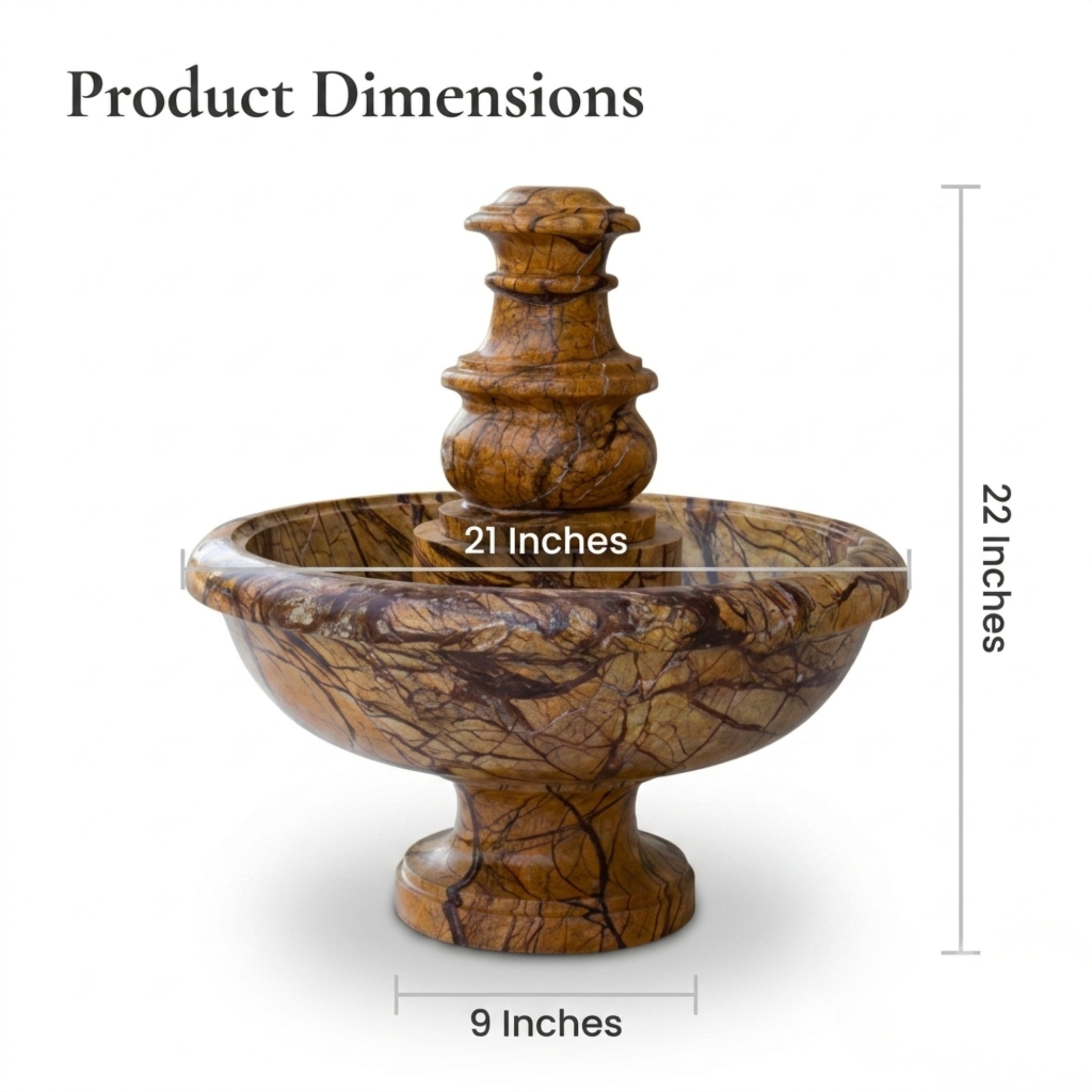 Product dimensions diagram of a stone fountain with a marbled brown and gold pattern, showing a height of 22 inches, a basin width of 21 inches, and a pedestal base diameter of 9 inches.