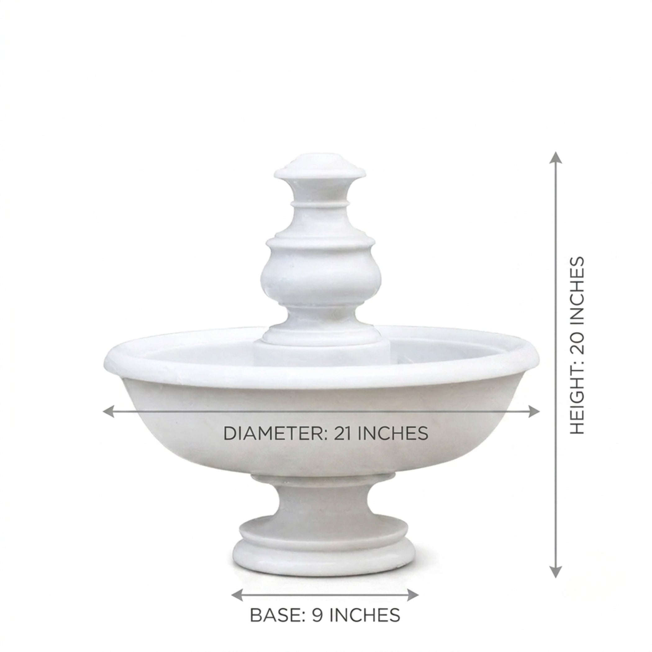 White pedestal fountain with overlaid dimension arrows and text showing height 20 inches, diameter 21 inches, and base 9 inches on a light gray background.
