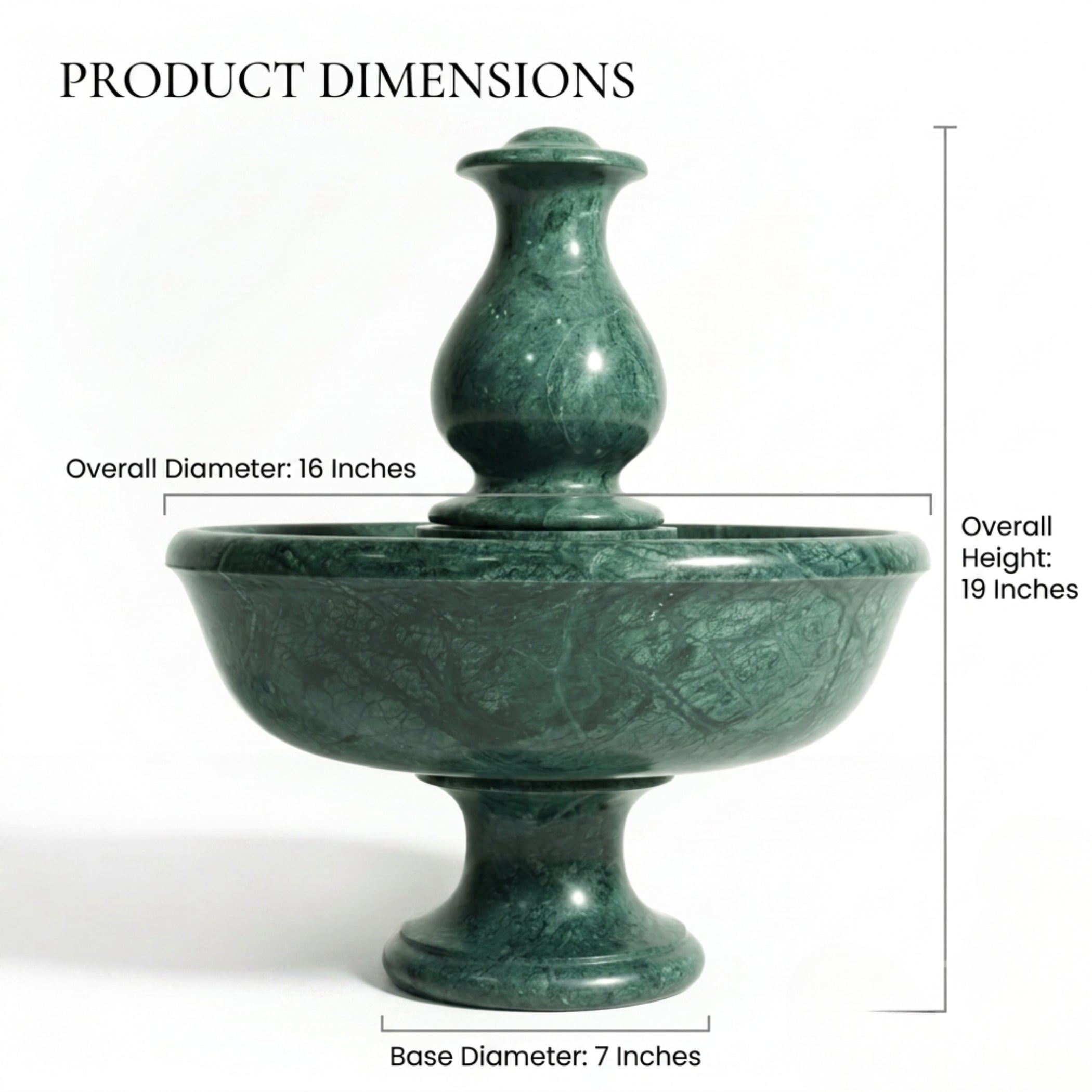 A green marble fountain with overlaid dimension lines and text showing overall diameter of 16 inches, overall height of 19 inches, and base diameter of 7 inches on a white background.