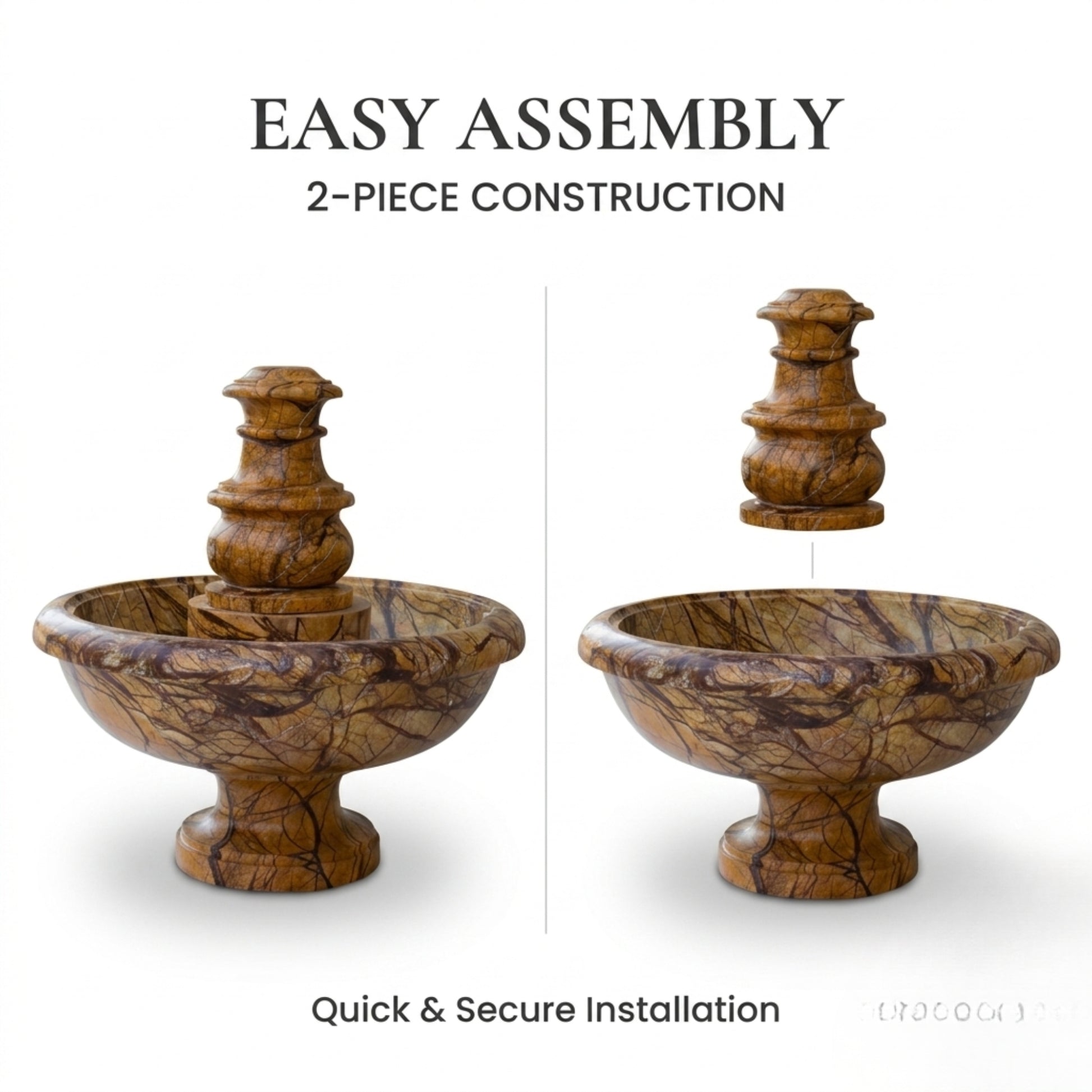A product assembly graphic showing a two-piece stone fountain on a white background with text reading 'EASY ASSEMBLY' and '2-PIECE CONSTRUCTION.' The left side shows the fountain fully assembled, and the right side shows the top tier floating above the bowl to demonstrate the two-piece construction.