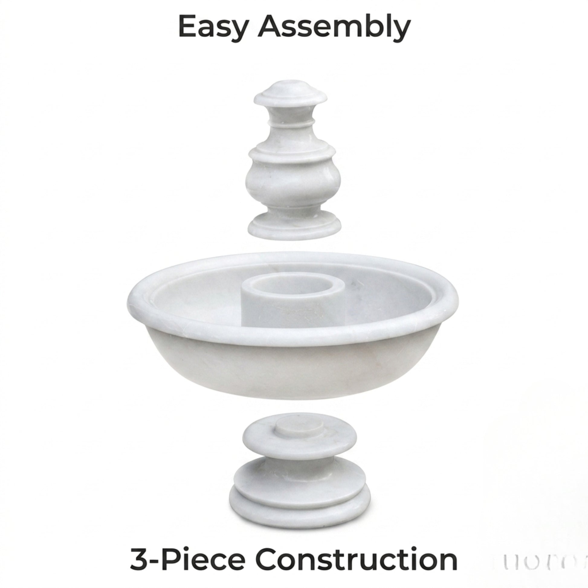 A white stone fountain or basin with a central pedestal and a floating top tier, shown on a white background with text reading 'Easy Assembly' and '3-Piece Construction'.