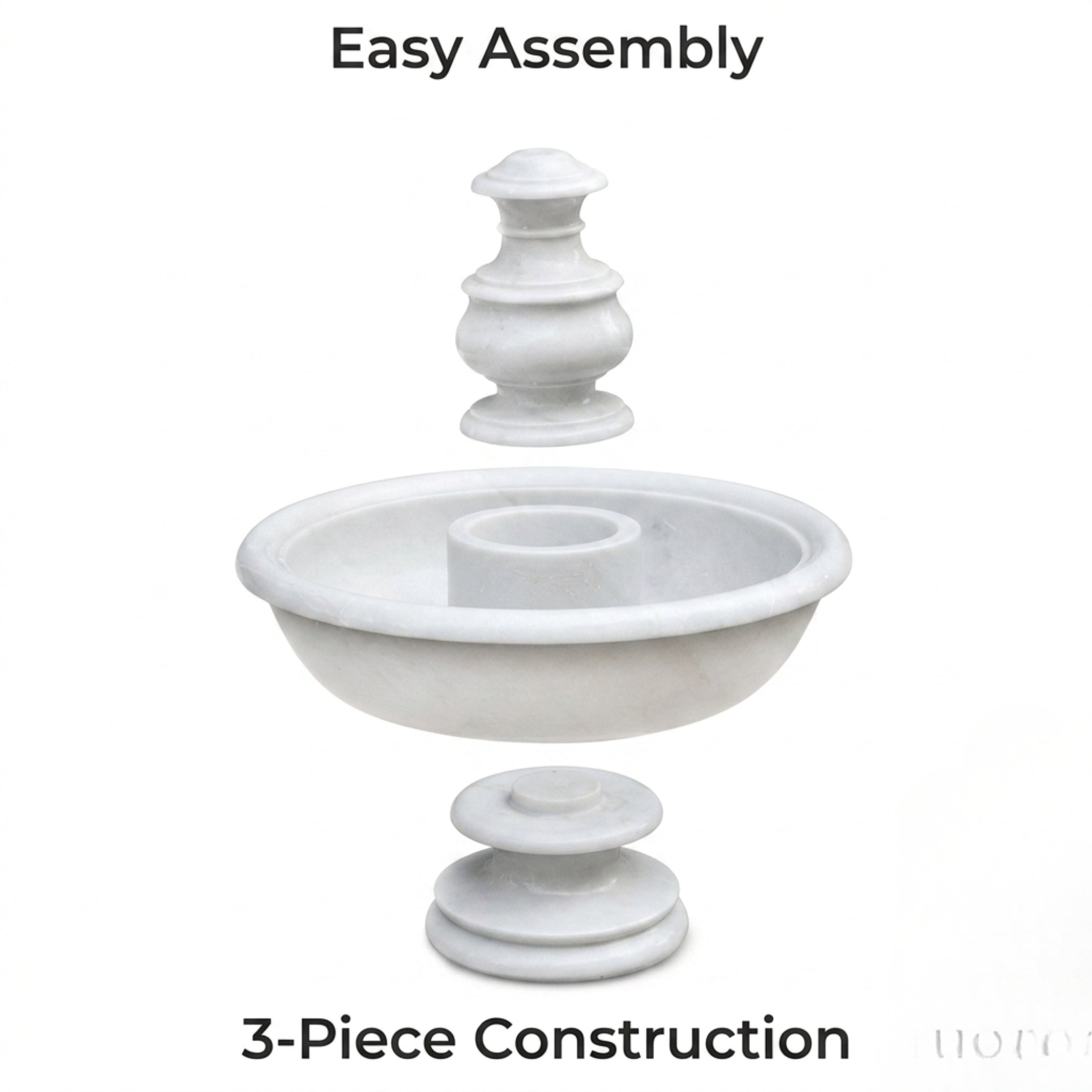 A white stone fountain or basin with a central pedestal and a floating top tier, shown on a white background with text reading 'Easy Assembly' and '3-Piece Construction'.