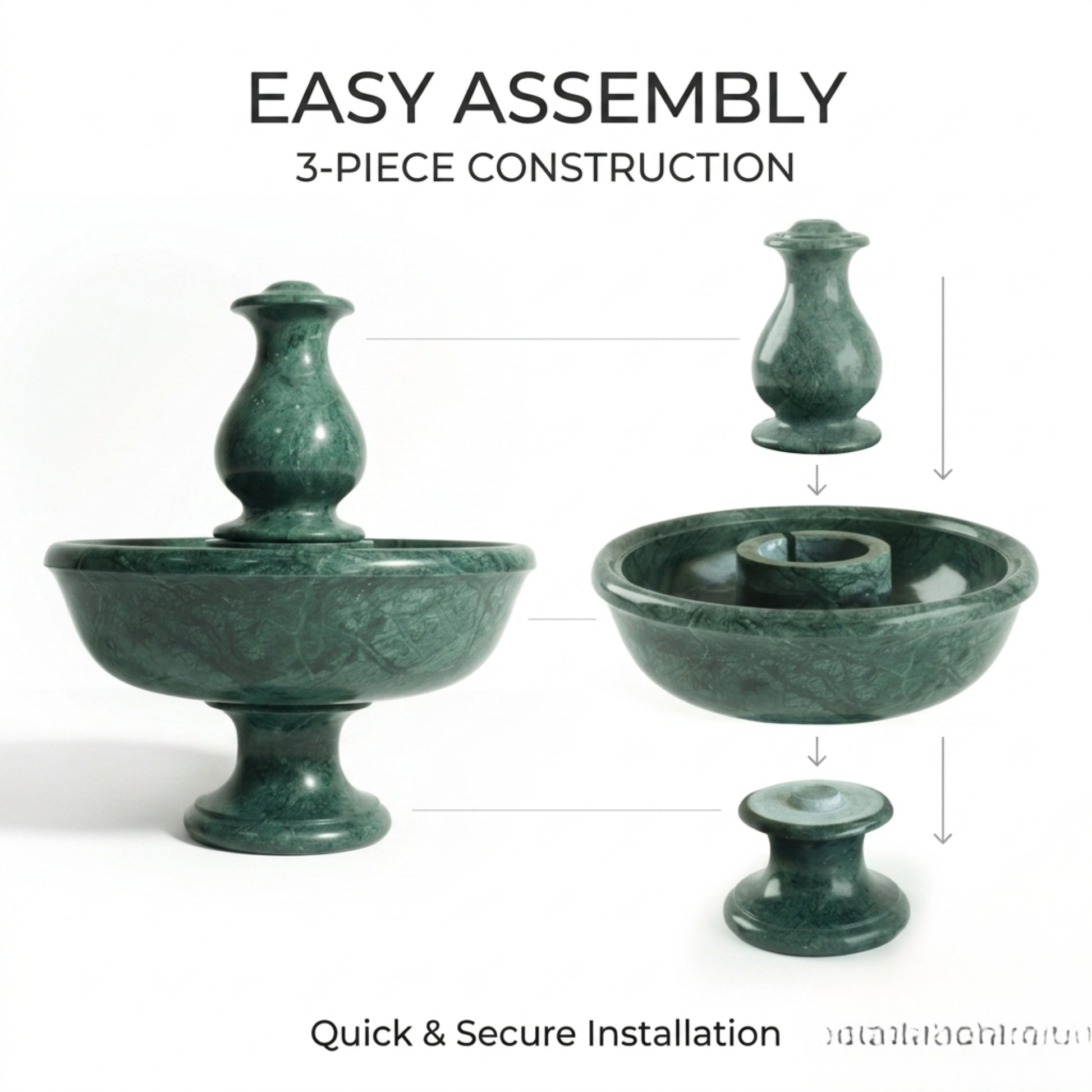 Instructional graphic showing a 3-piece assembly for a green marble-style pedestal basin or fountain component, with labeled text 'EASY ASSEMBLY' and '3-PIECE CONSTRUCTION' plus arrows indicating how the pieces fit together.