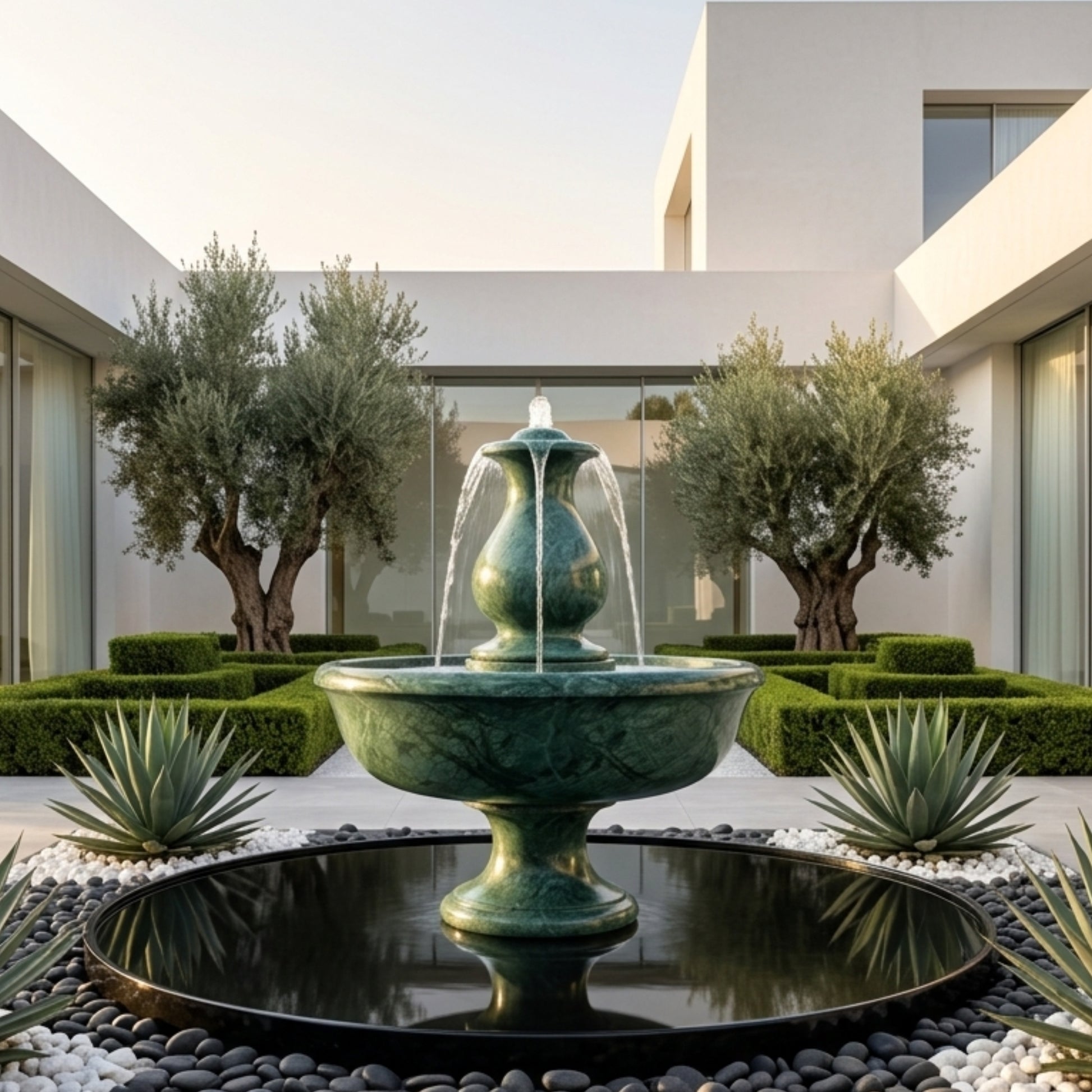 A green stone fountain with water cascading from the top to a round black pool, set in a modern courtyard with white walls, olive trees, trimmed hedges, and succulents.