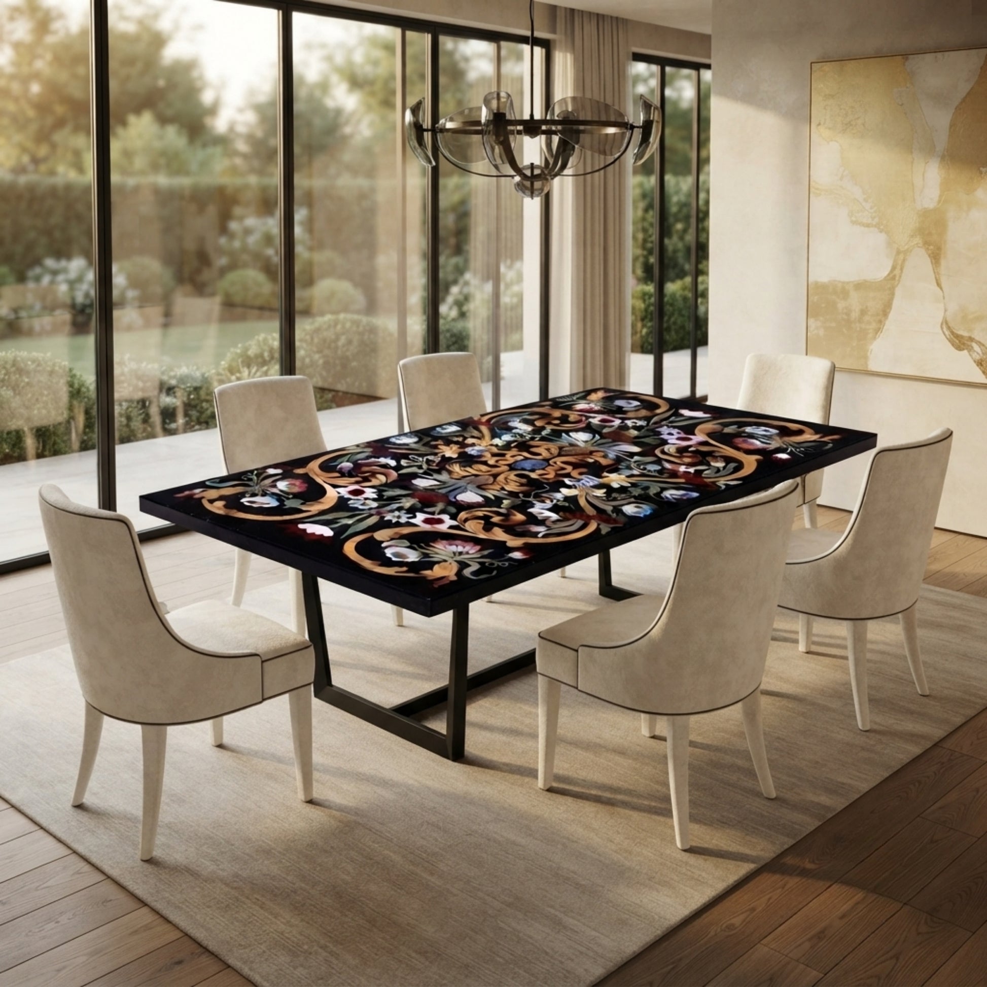 Handmade black marble dining table top with colorful floral Pietra Dura gemstone inlay in a luxury modern dining room with six upholstered chairs.