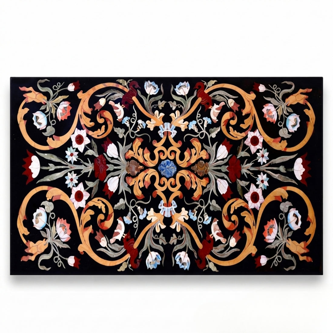 Handmade black marble dining table top with colorful floral Pietra Dura gemstone inlay in a luxury modern dining room with six upholstered chairs.