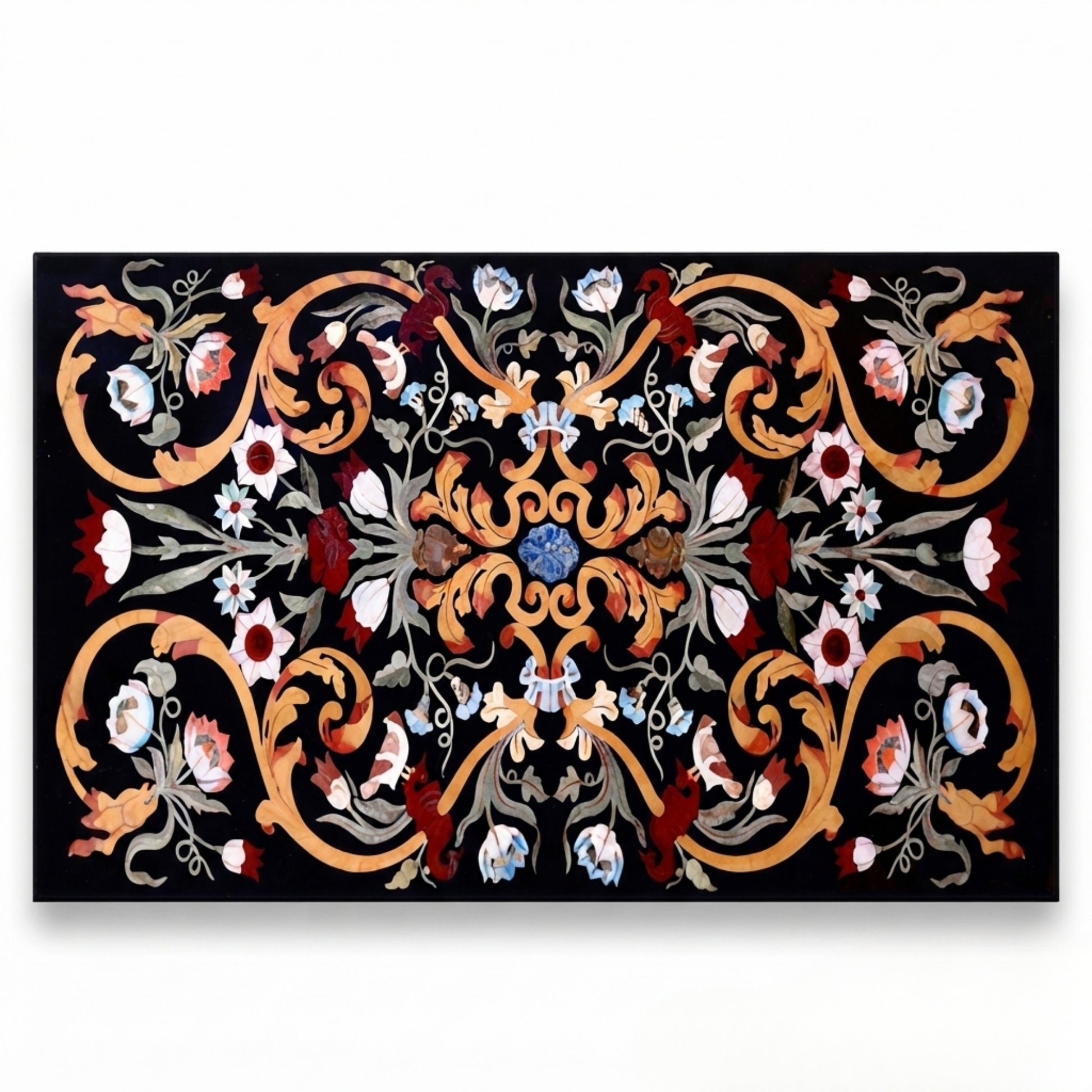 Rectangular black marble table top featuring handcrafted floral Pietra Dura gemstone inlay with intricate symmetrical scrollwork and botanical design.