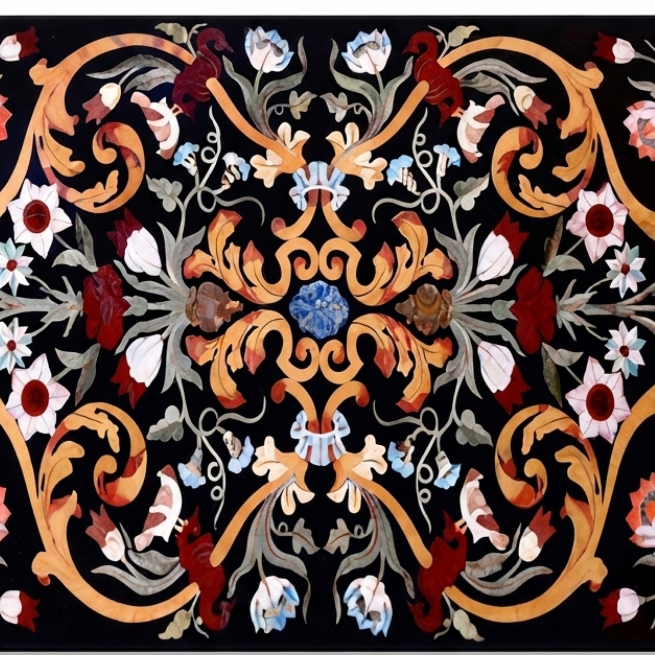 Close-up of handcrafted Pietra Dura floral gemstone inlay on black marble showcasing intricate scrollwork, flowers, leaves, and semi-precious stone craftsmanship.
