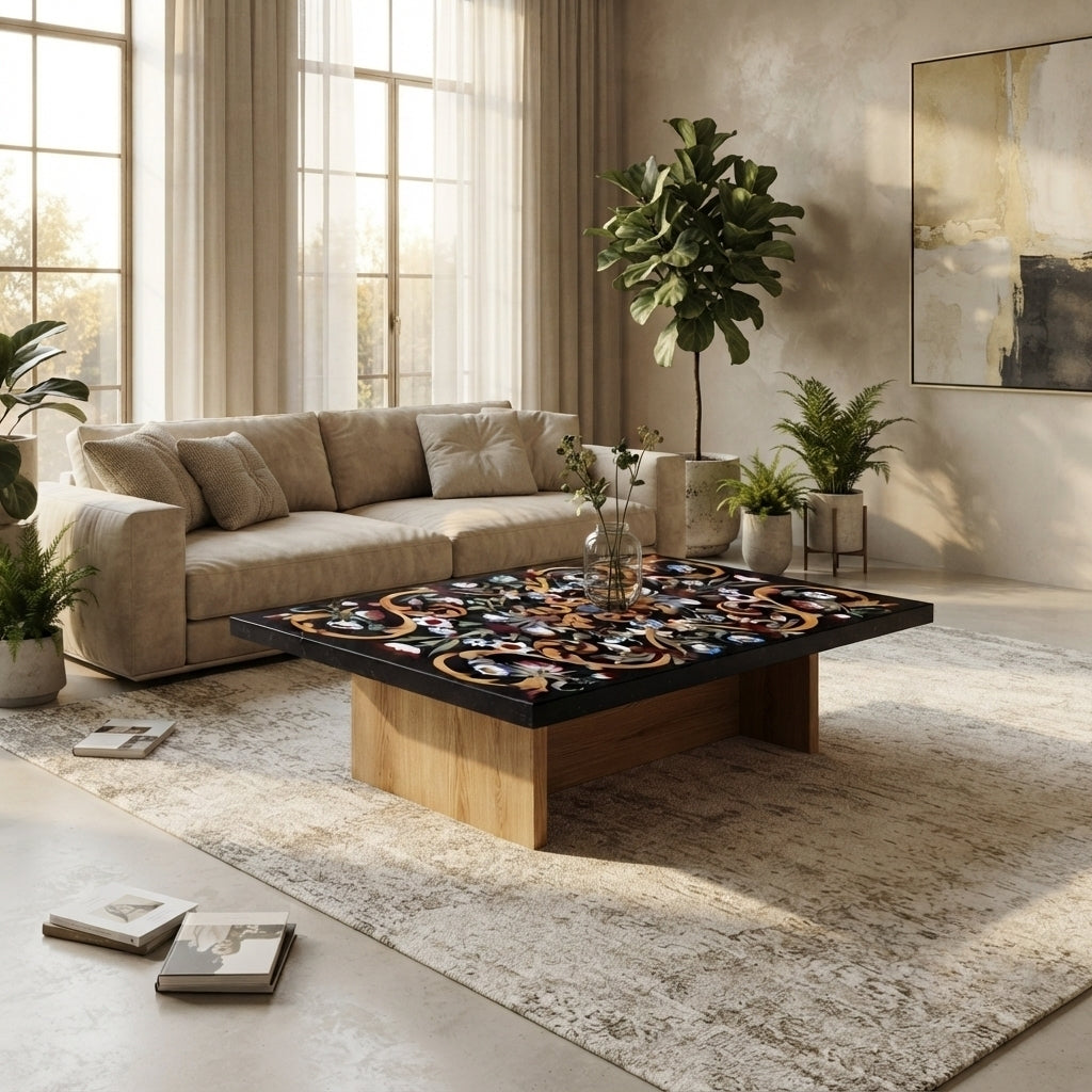 Luxury handcrafted black marble coffee table top with colorful floral Pietra Dura gemstone inlay displayed in a contemporary living room interior.
