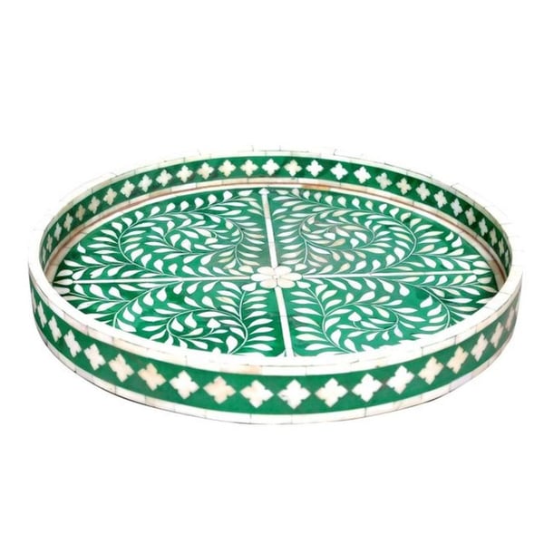 Bone Inlay Round Serving Tray – Floral Pattern Home Decor