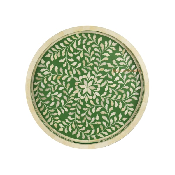 Handmade Bone Inlay Tray | Floral Round Decorative Tray