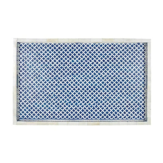 Handmade Bone Inlay Serving Tray – Navy Blue Fish Scale Pattern