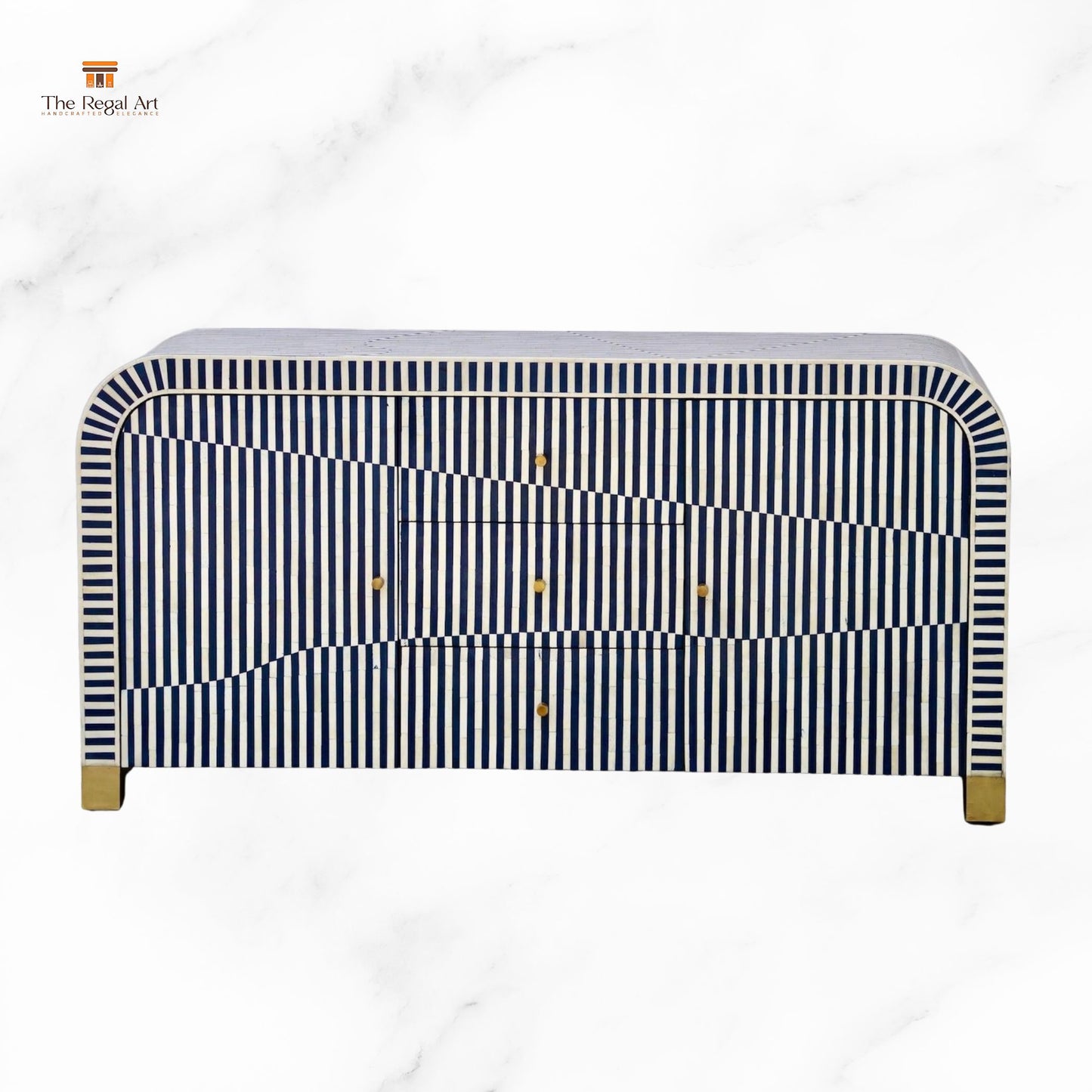 Navy and white striped headboard with gold accents on a white background