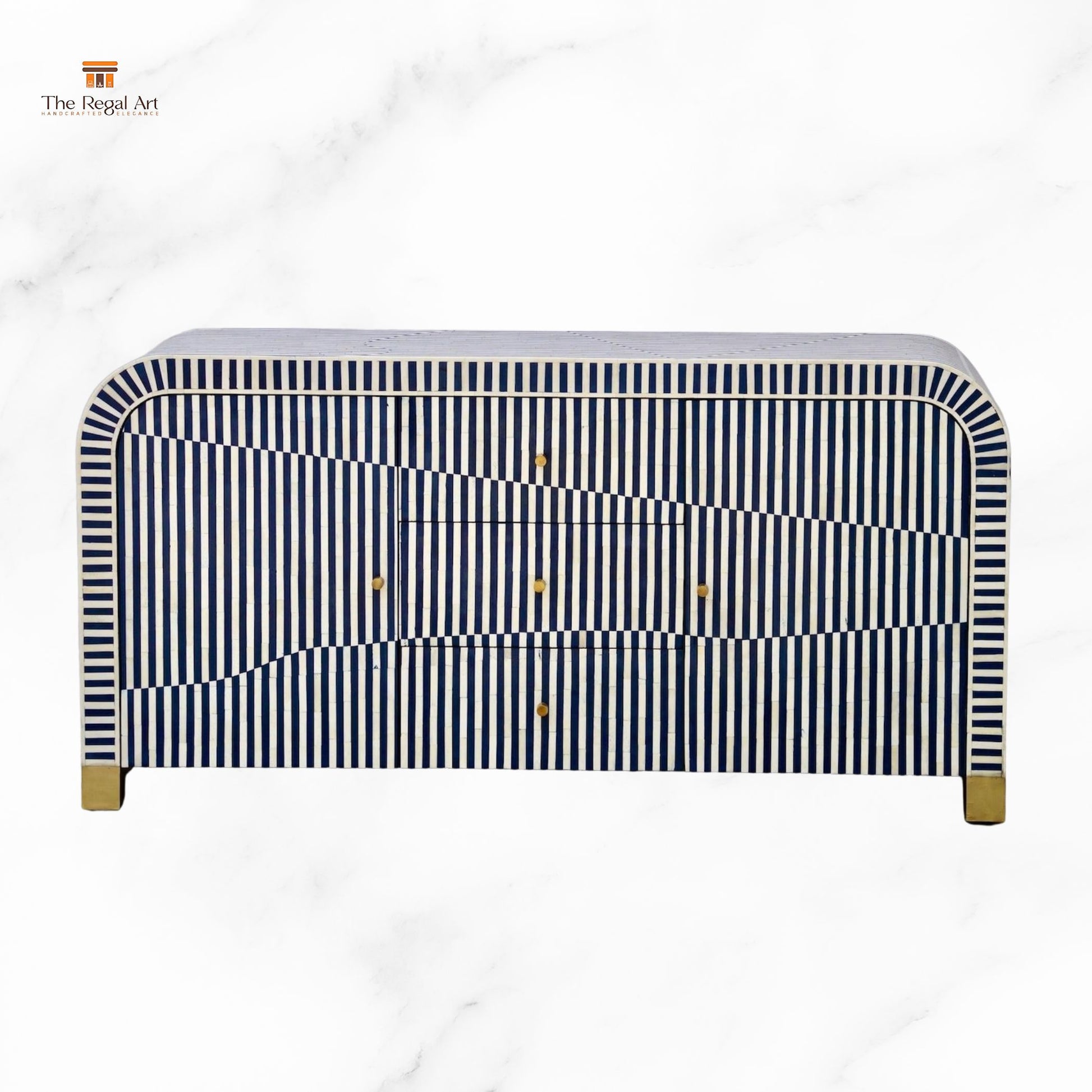 Navy and white striped headboard with gold accents on a white background