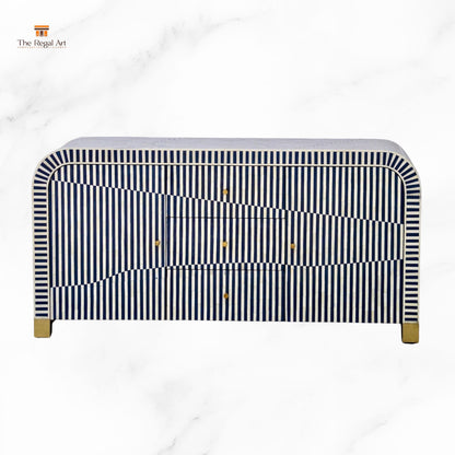 Navy and white striped headboard with gold accents on a white background