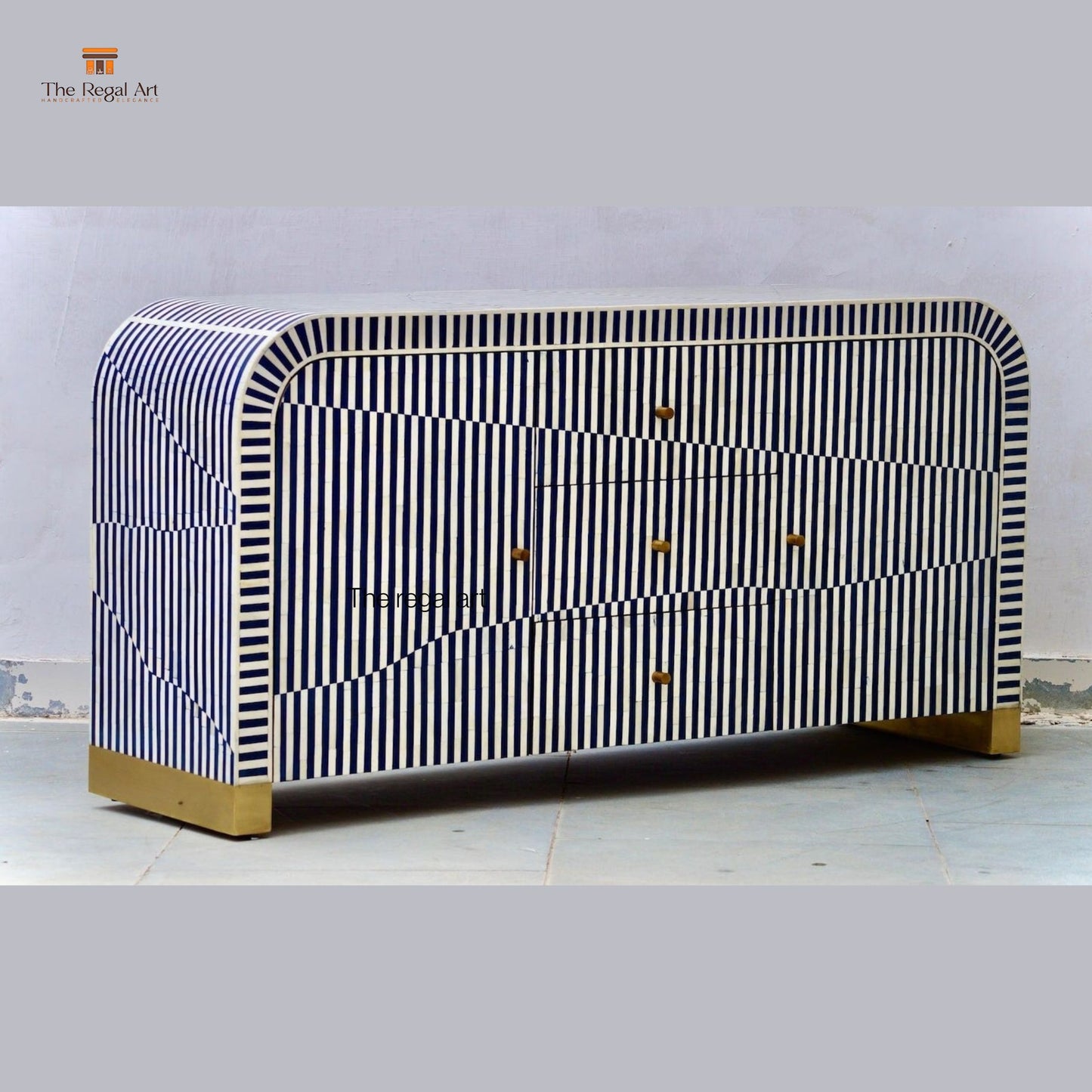 Furniture piece with black and white striped pattern on a plain background