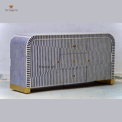 Furniture piece with black and white striped pattern on a plain background
