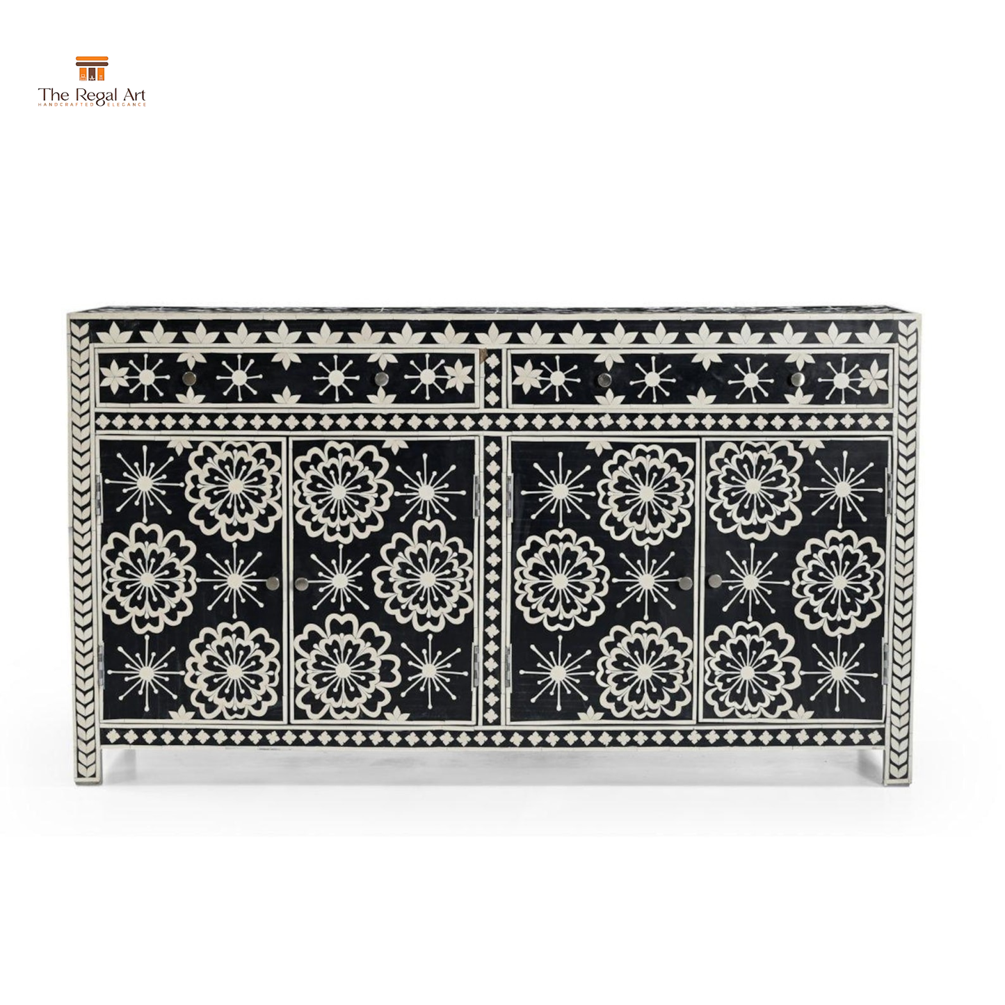 Decorative cabinet with black and white floral patterns on a white background