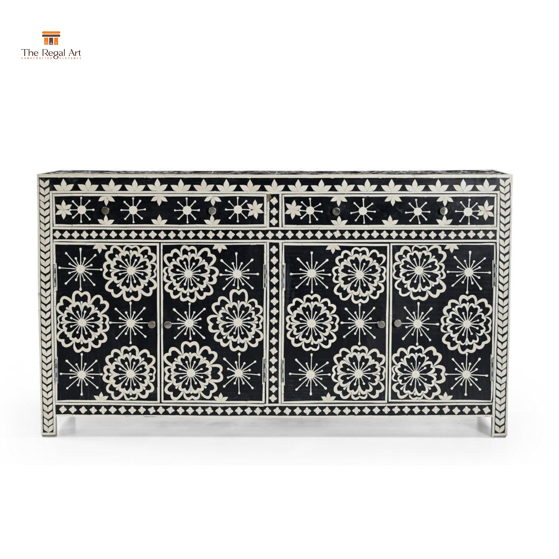 Decorative cabinet with black and white floral patterns on a white background