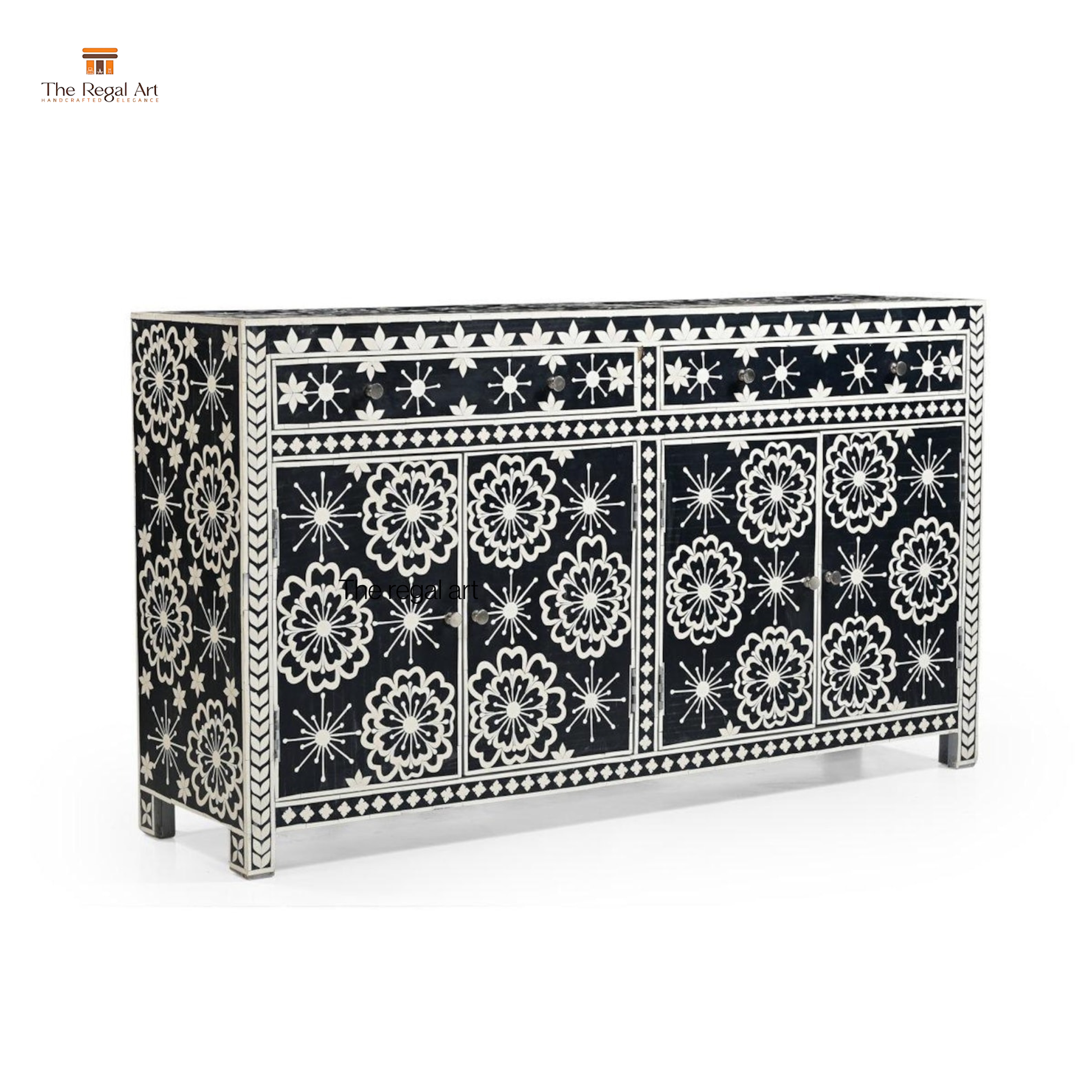 Decorative black and white patterned sideboard on a white background