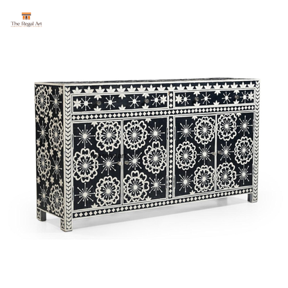 Decorative black and white patterned sideboard on a white background