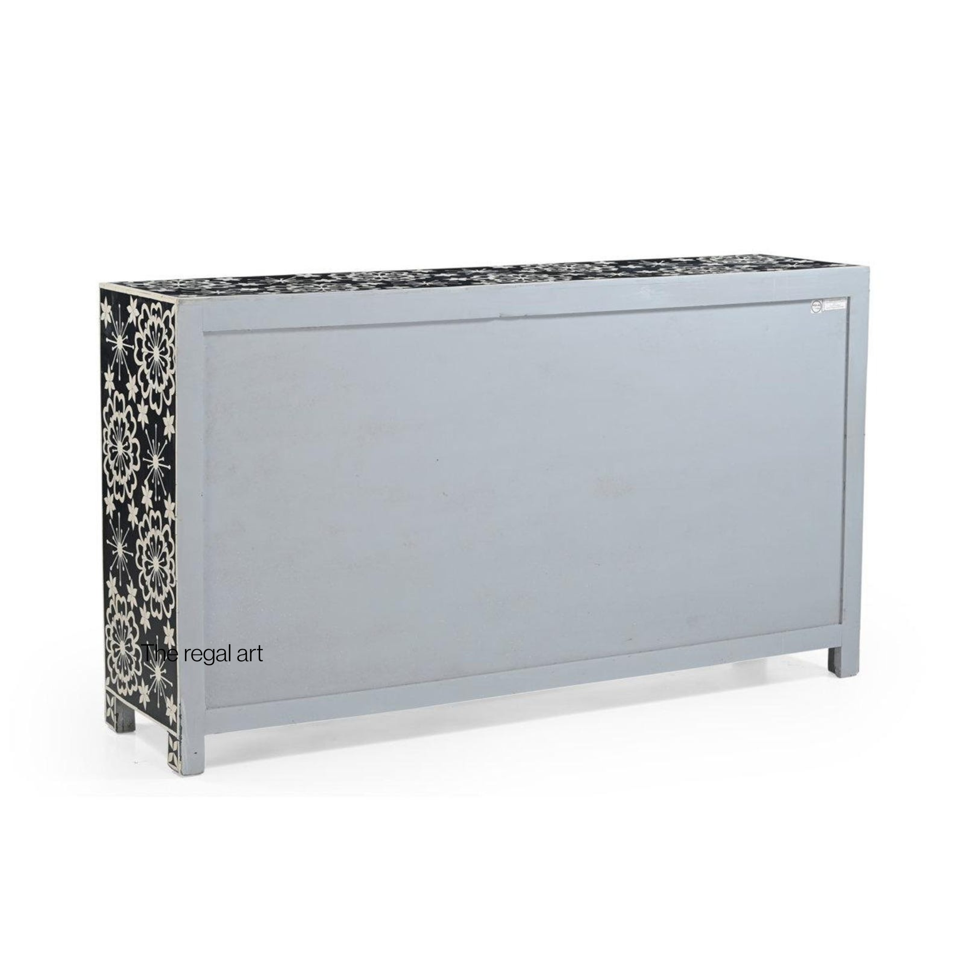 Metallic console table with decorative side panel on a white background