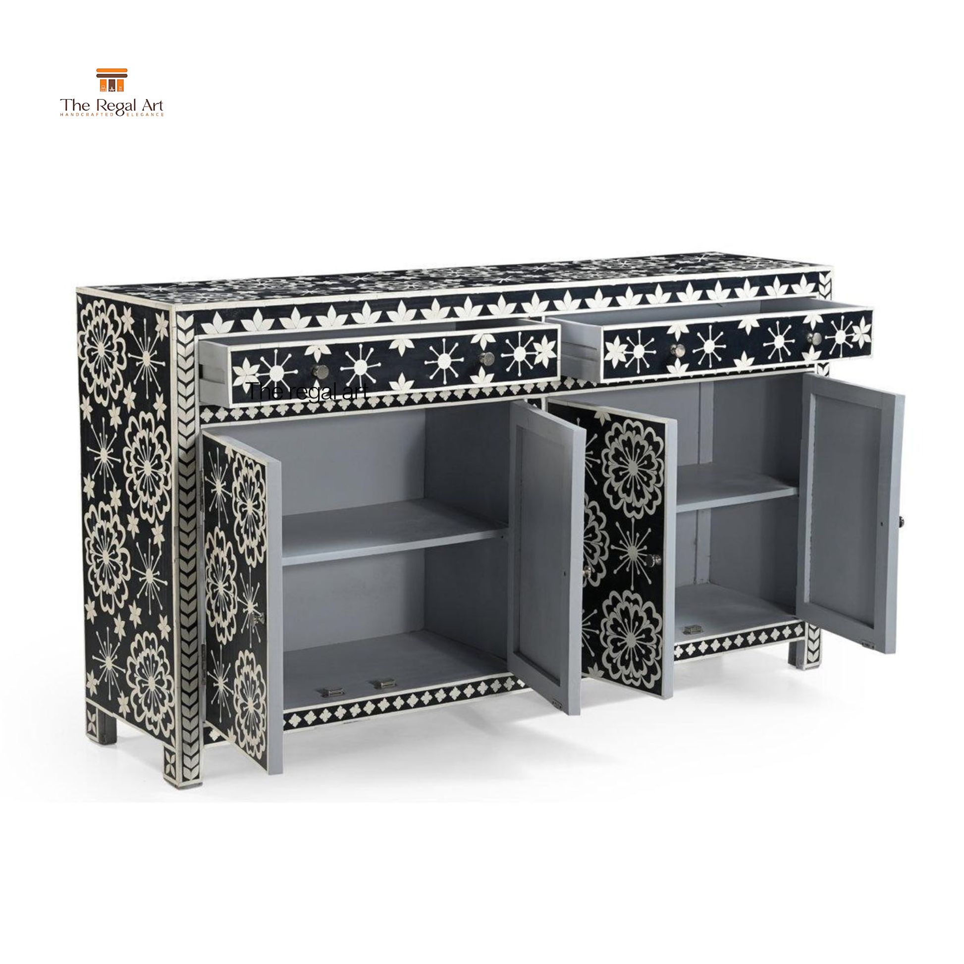 Decorative cabinet with black and white pattern on a white background