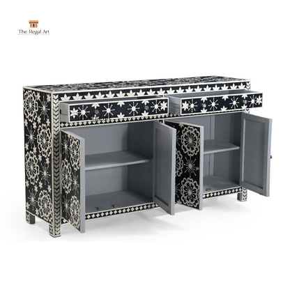 Decorative cabinet with black and white pattern on a white background