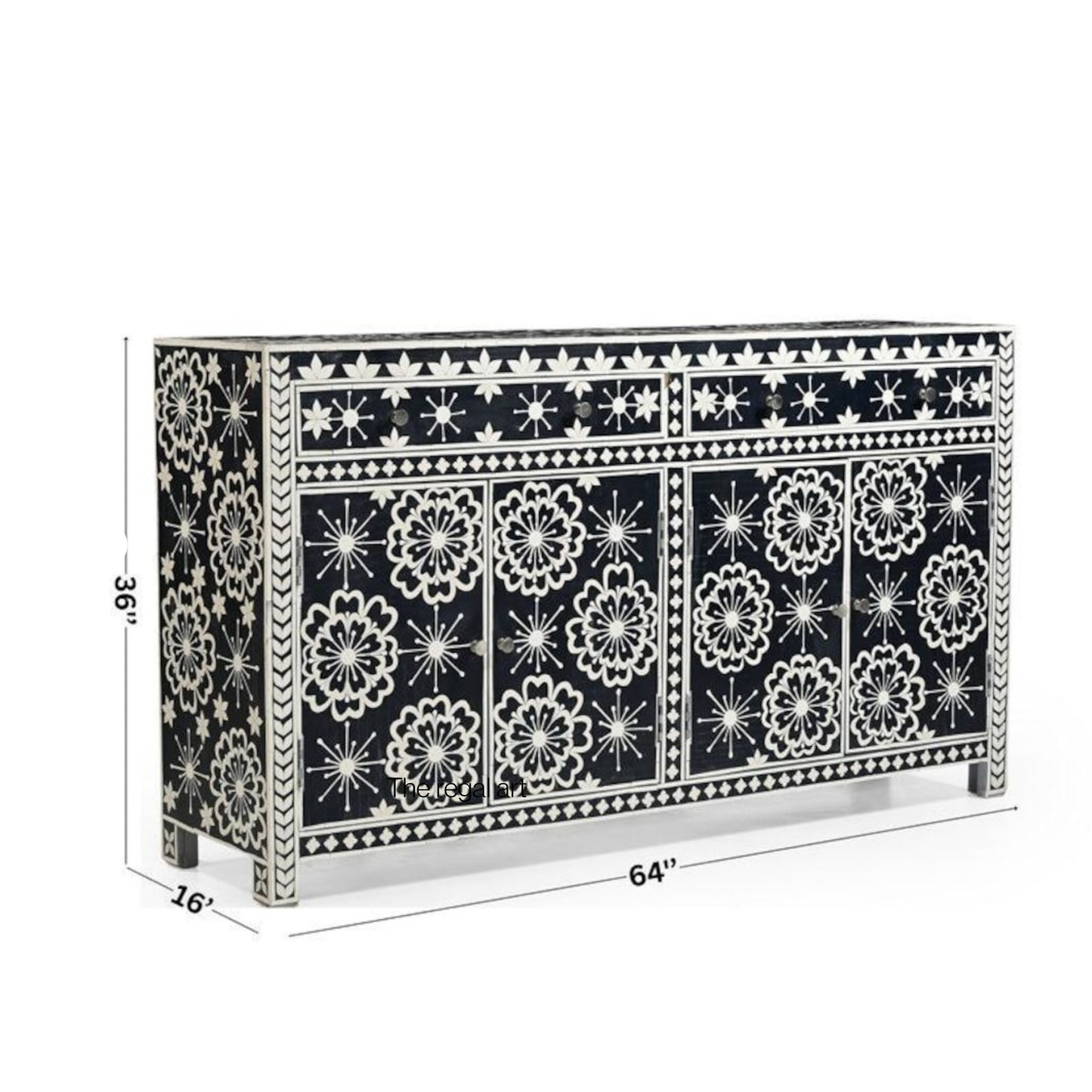 Decorative console table with black and white pattern on a white background