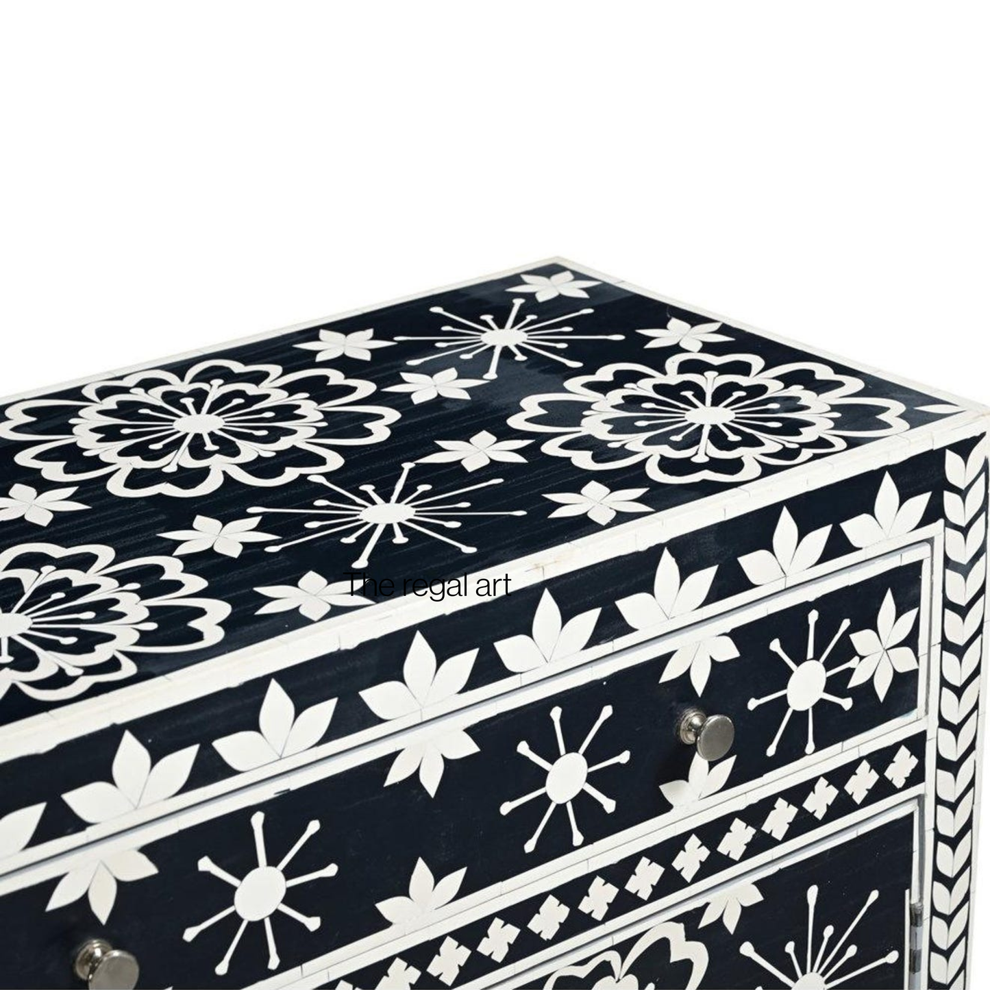 Black jewelry box with white floral patterns on a white background