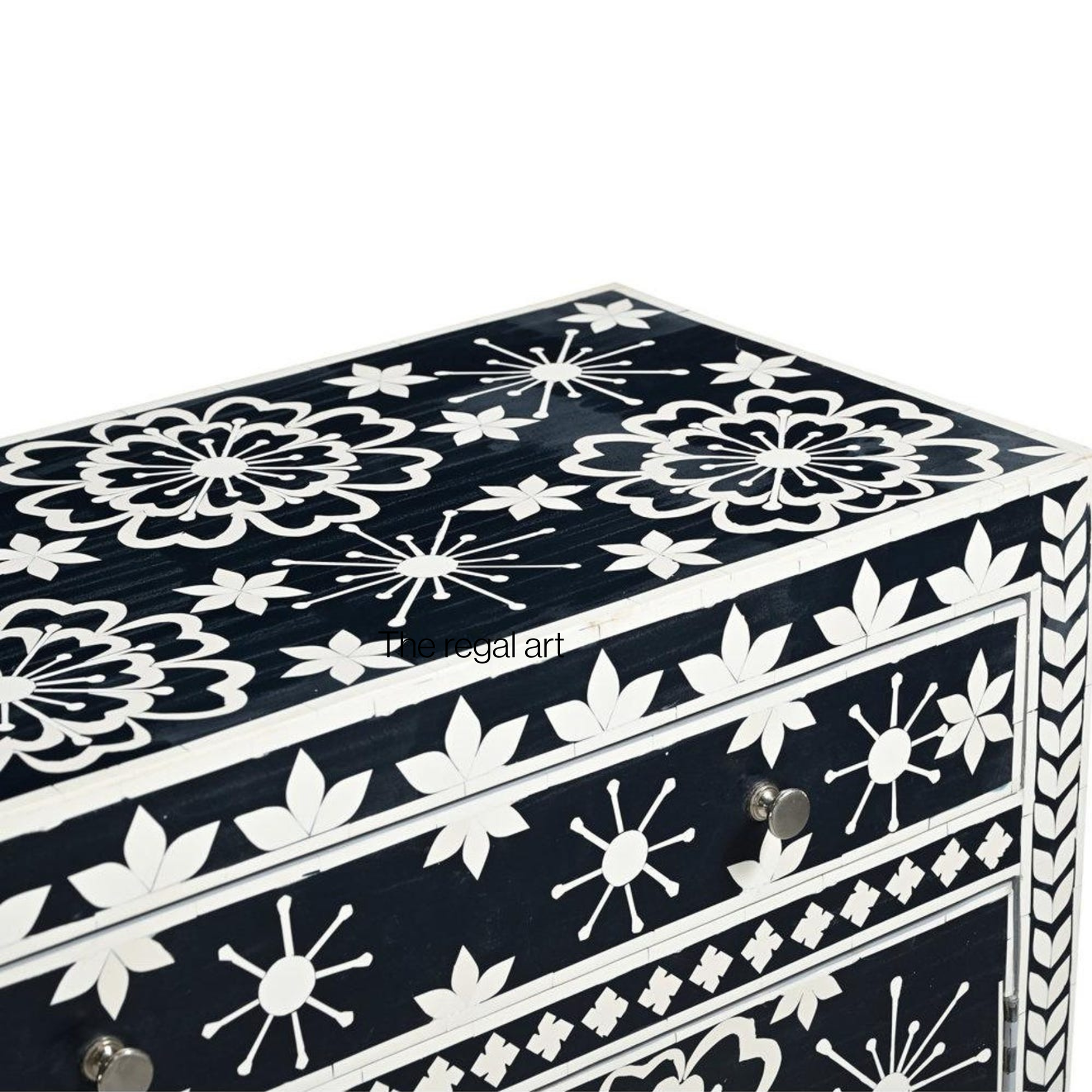 Black jewelry box with white floral patterns on a white background