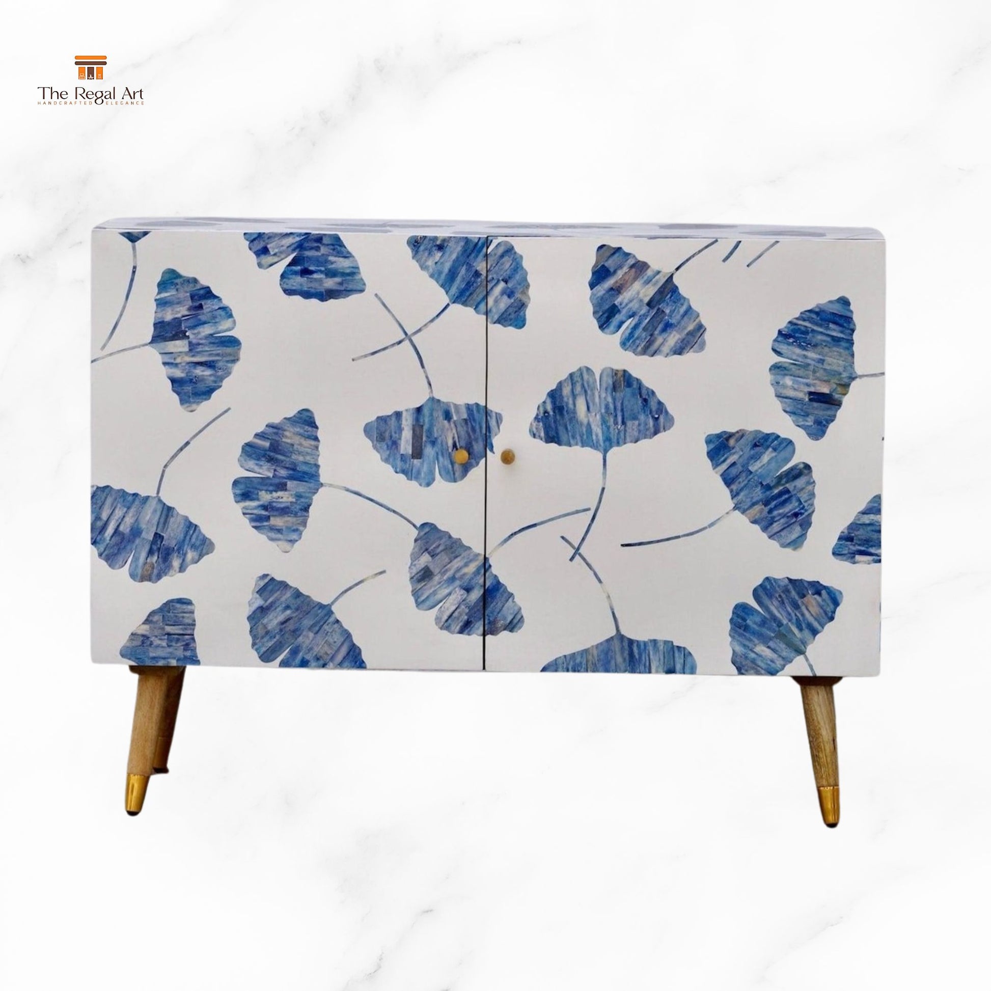 Cabinet with blue leaf pattern on a white background
