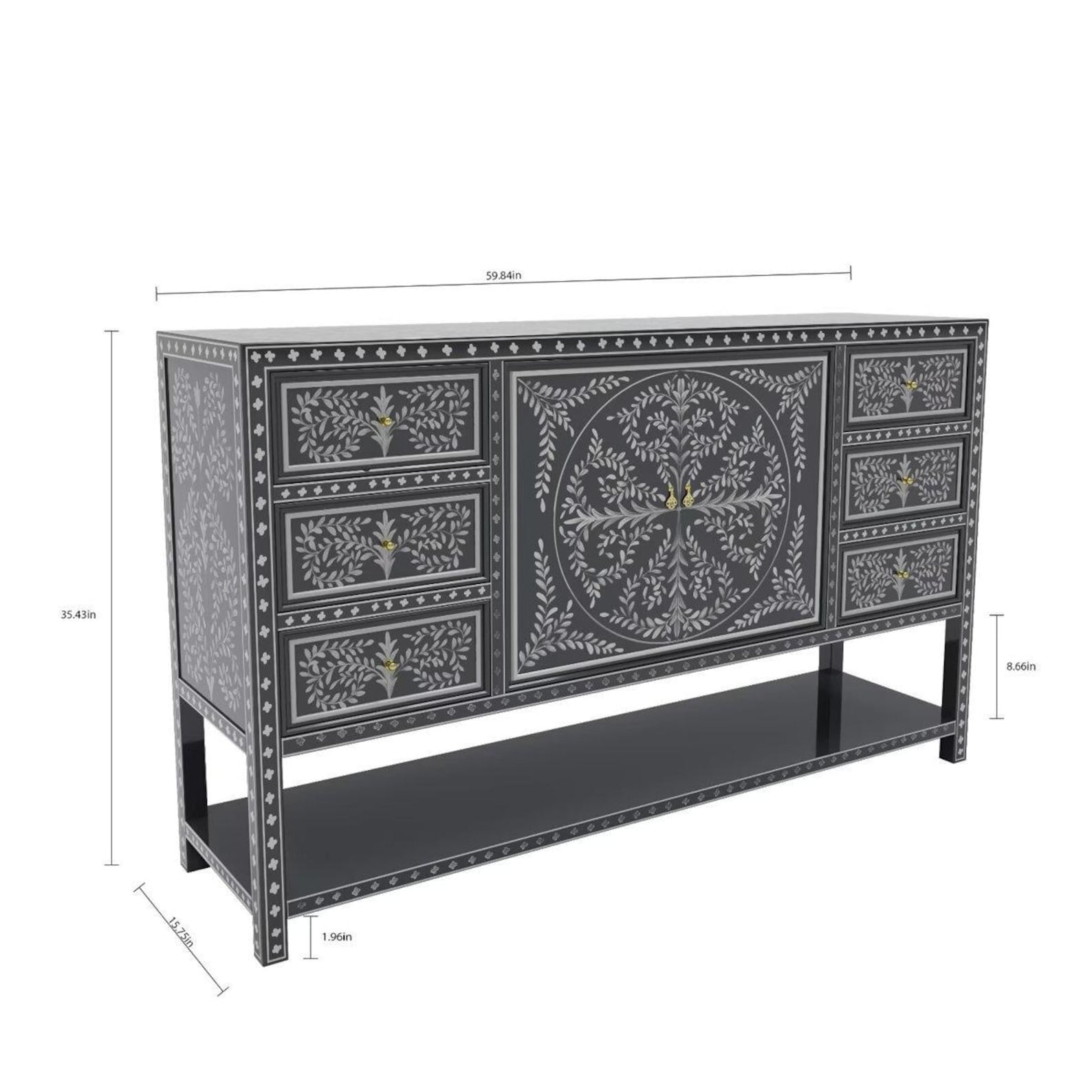 Decorative sideboard with intricate patterns and dimensions on a white background the regal art
