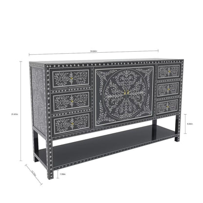 Decorative sideboard with intricate patterns and dimensions on a white background the regal art