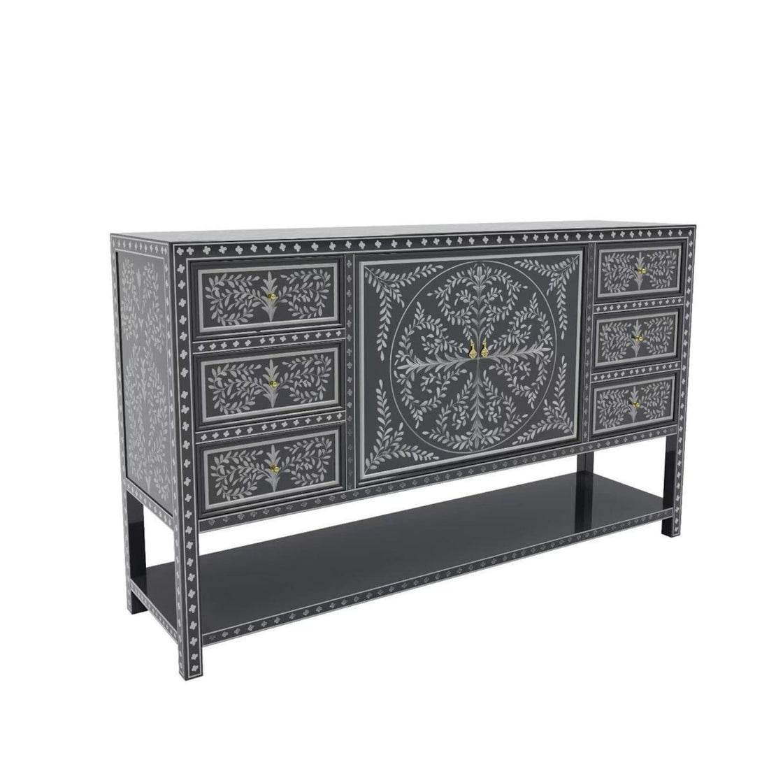 Decorative black and white console table with intricate patterns in a room setting. the regal art