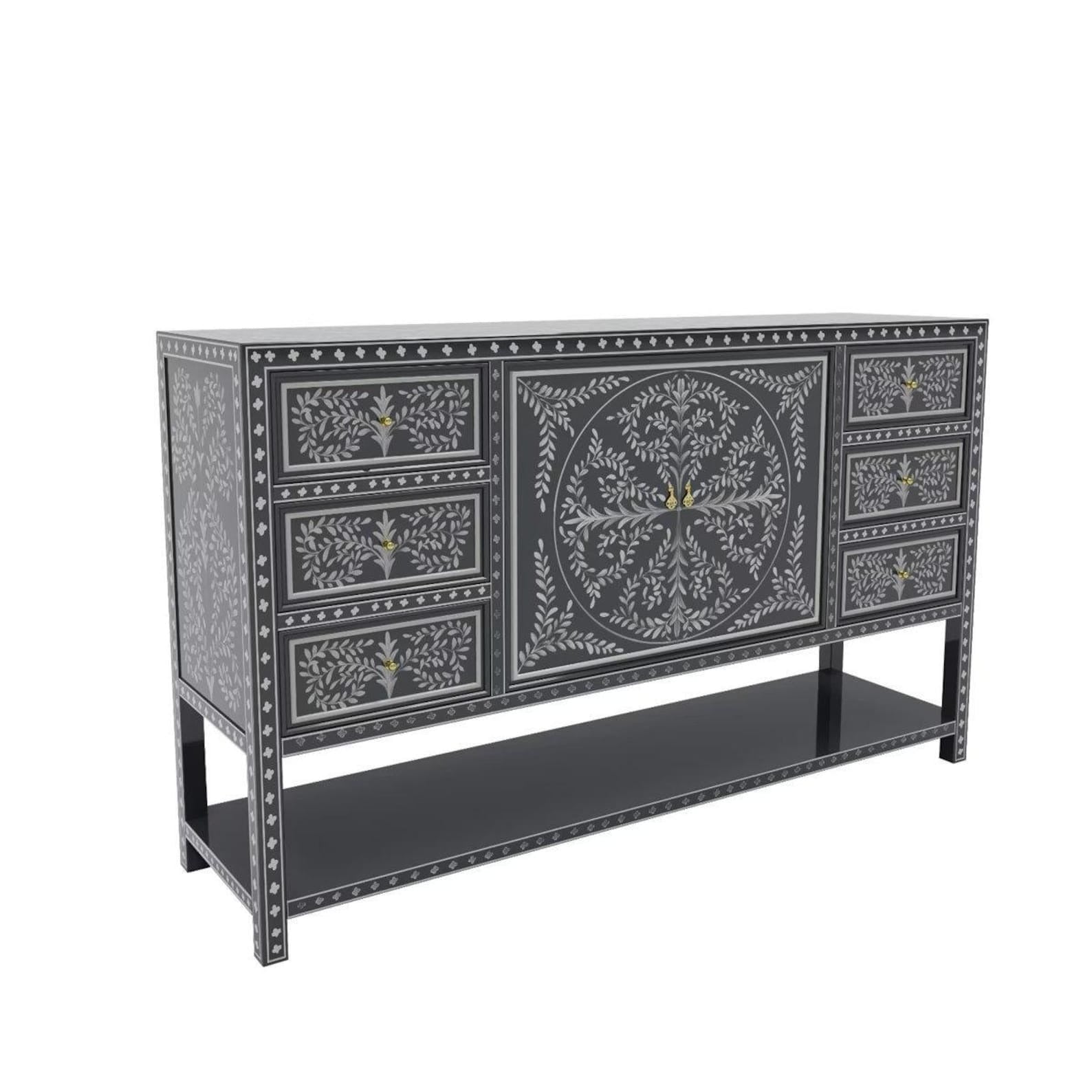 Decorative sideboard with intricate patterns on a white background  the regal art