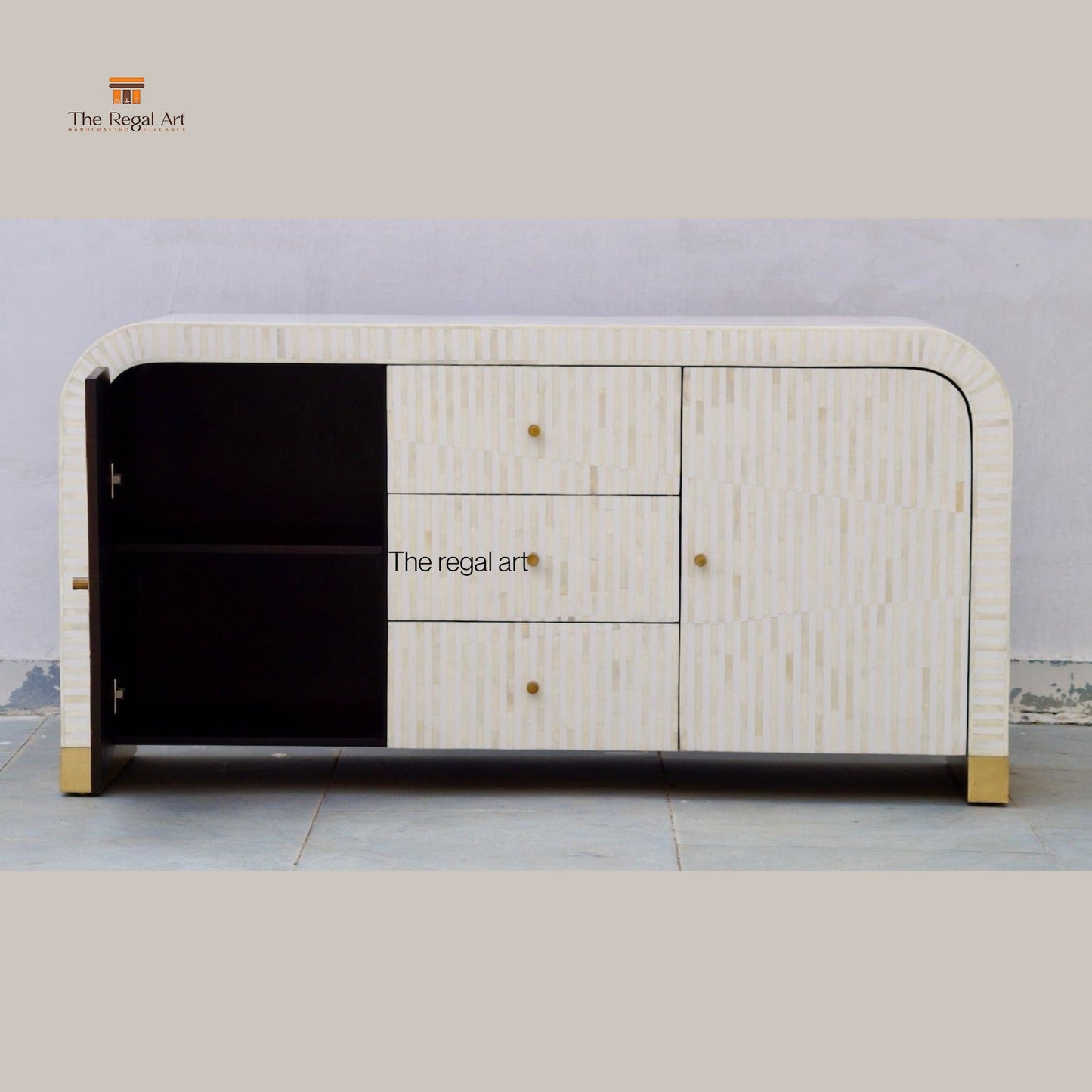 Modern sideboard with black and white design on a gray background