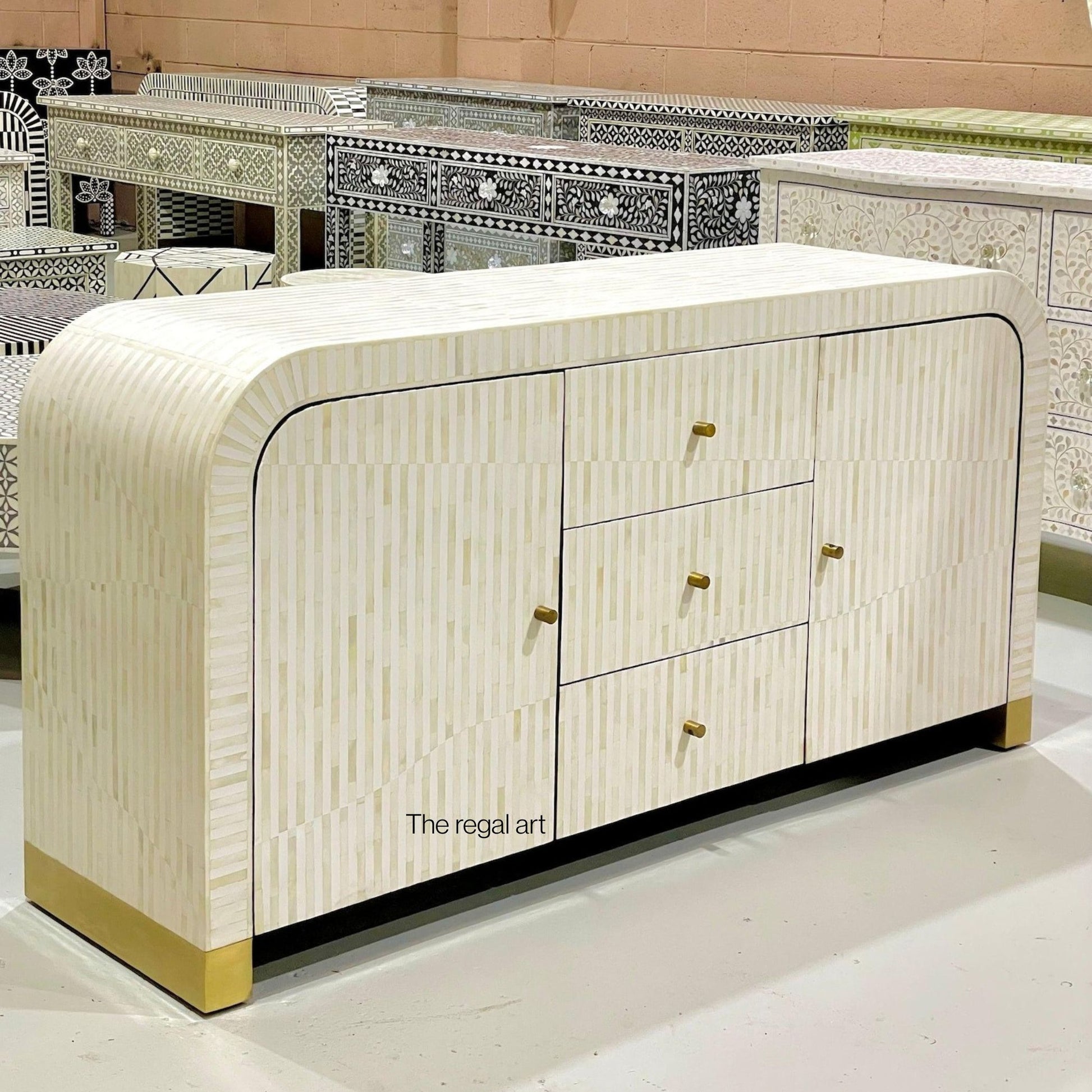 Decorative sideboard with gold accents in a stylish interior setting