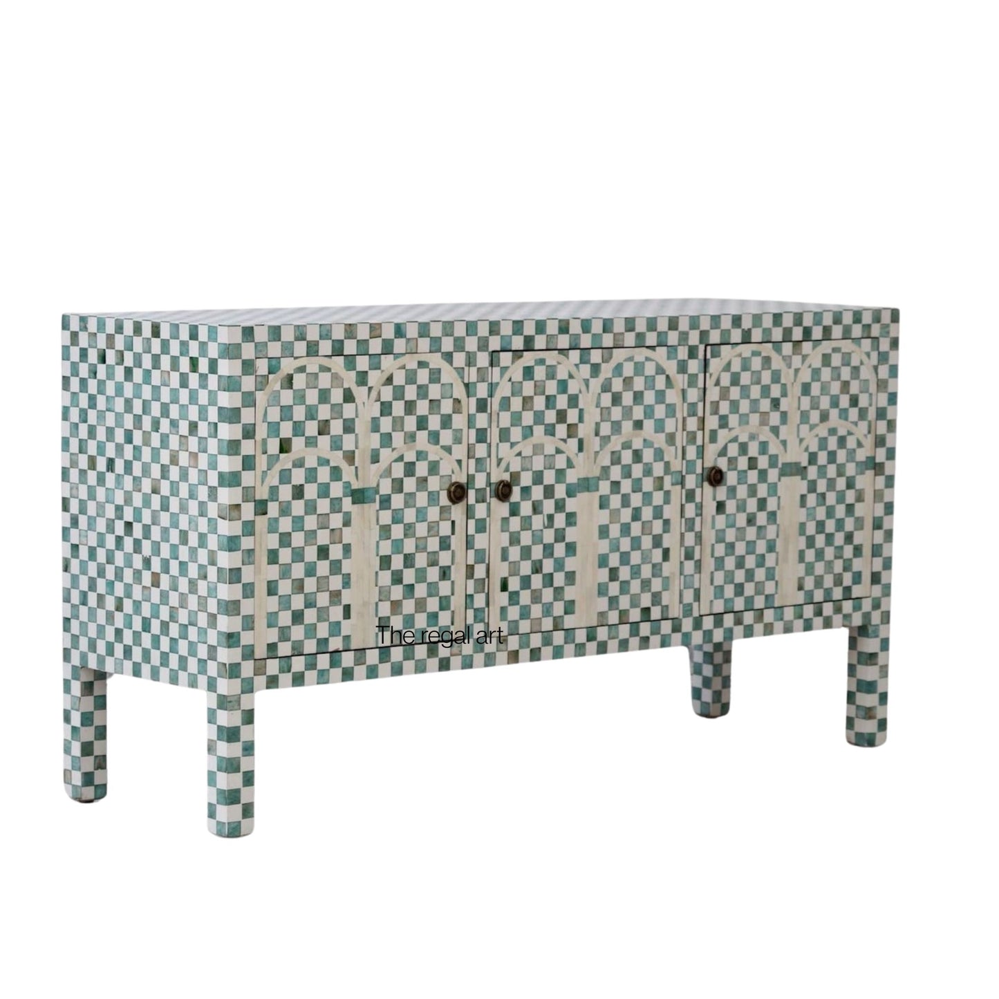 Patterned sideboard with three doors on a white background