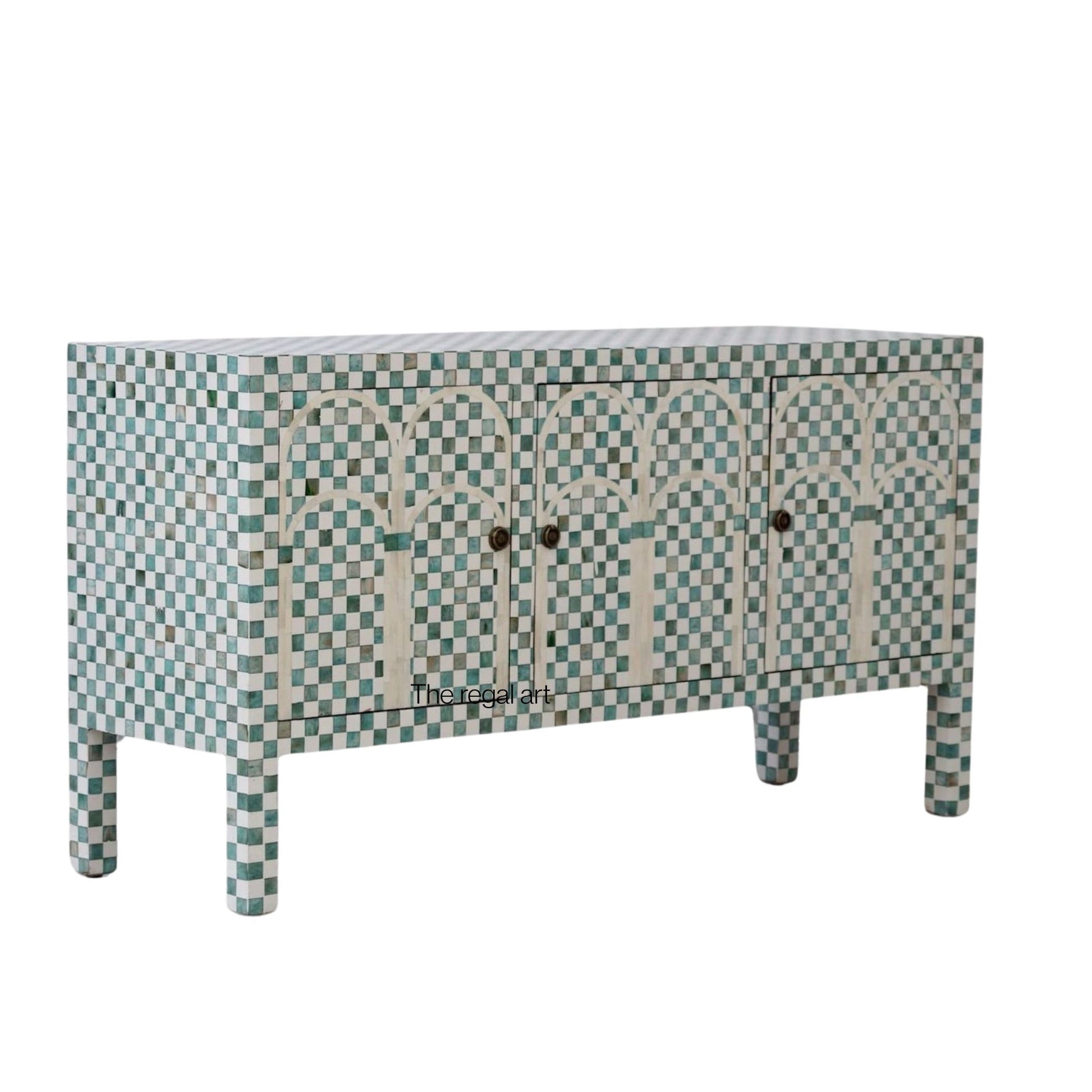 Patterned sideboard with three doors on a white background