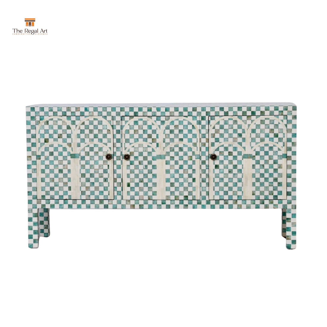 Decorative cabinet with mosaic pattern, vase with plants, and lamp on a wooden floor.
