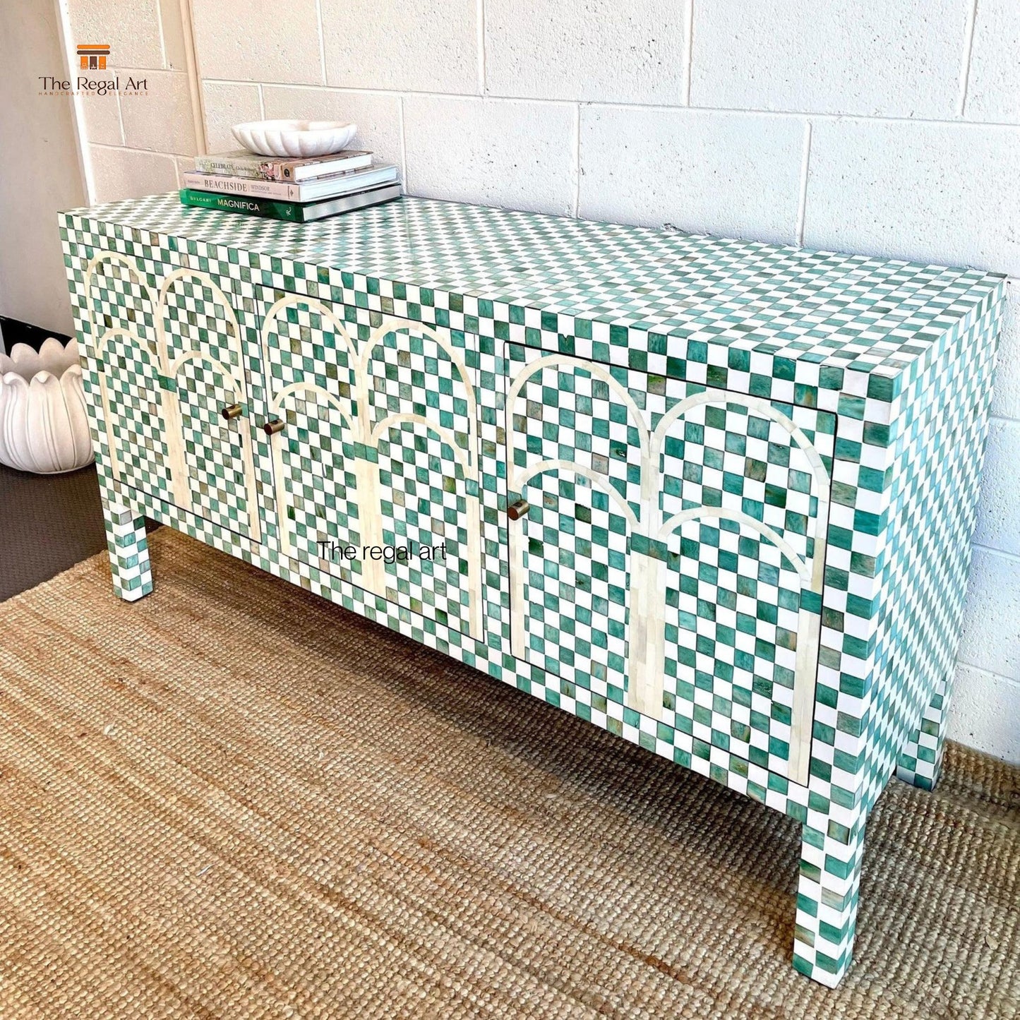 Bone Inlay Sideboard: Handmade Green 3-Door Indian Credenza